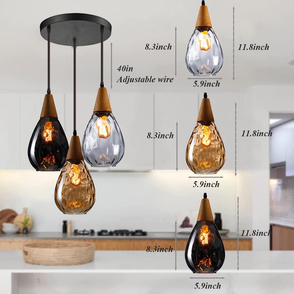 MoreChange 3-Light Cluster Glass Pendant Lighting Fixture with Water Drop Shade - Modern Kitchen Island & Dining Room Ceiling Light for Home, Bar, Restaurant Decor