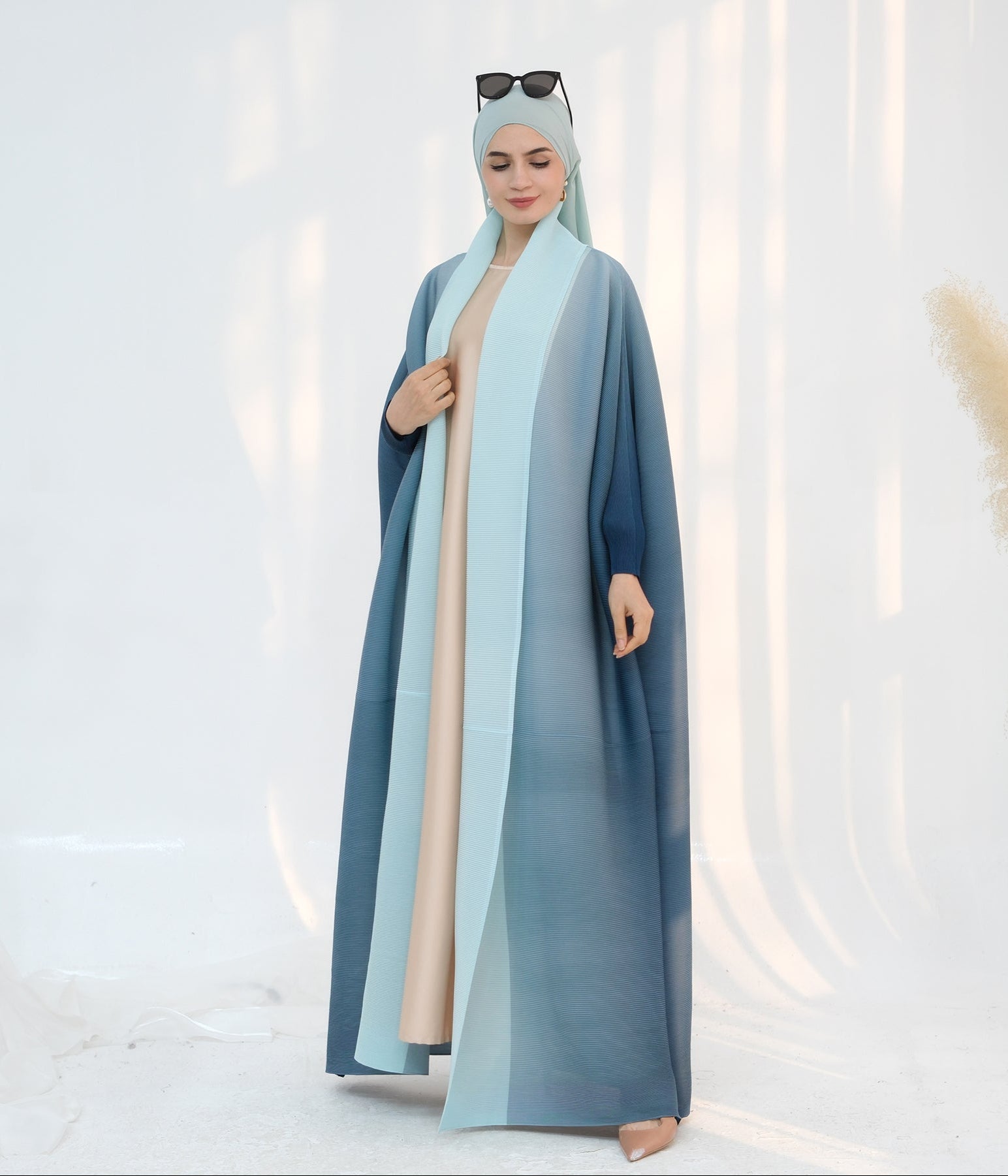 Elegant Pleated Ombre Kimono Open Abaya Dress - Blue Flowy Maxi Robe for Women | Perfect for Beach Cover Up, Evening Parties & Boho Fashion