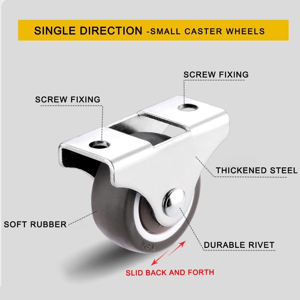 8Pcs 1 Inch Mini Caster Wheels - Low Profile Small Rubber Wheels with Steel Plate, Rigid Fixed Non-Swivel Casters for Furniture, Under Bed Storage Drawers & DIY Projects - Perfect for Smooth Mobility in Tight Spaces