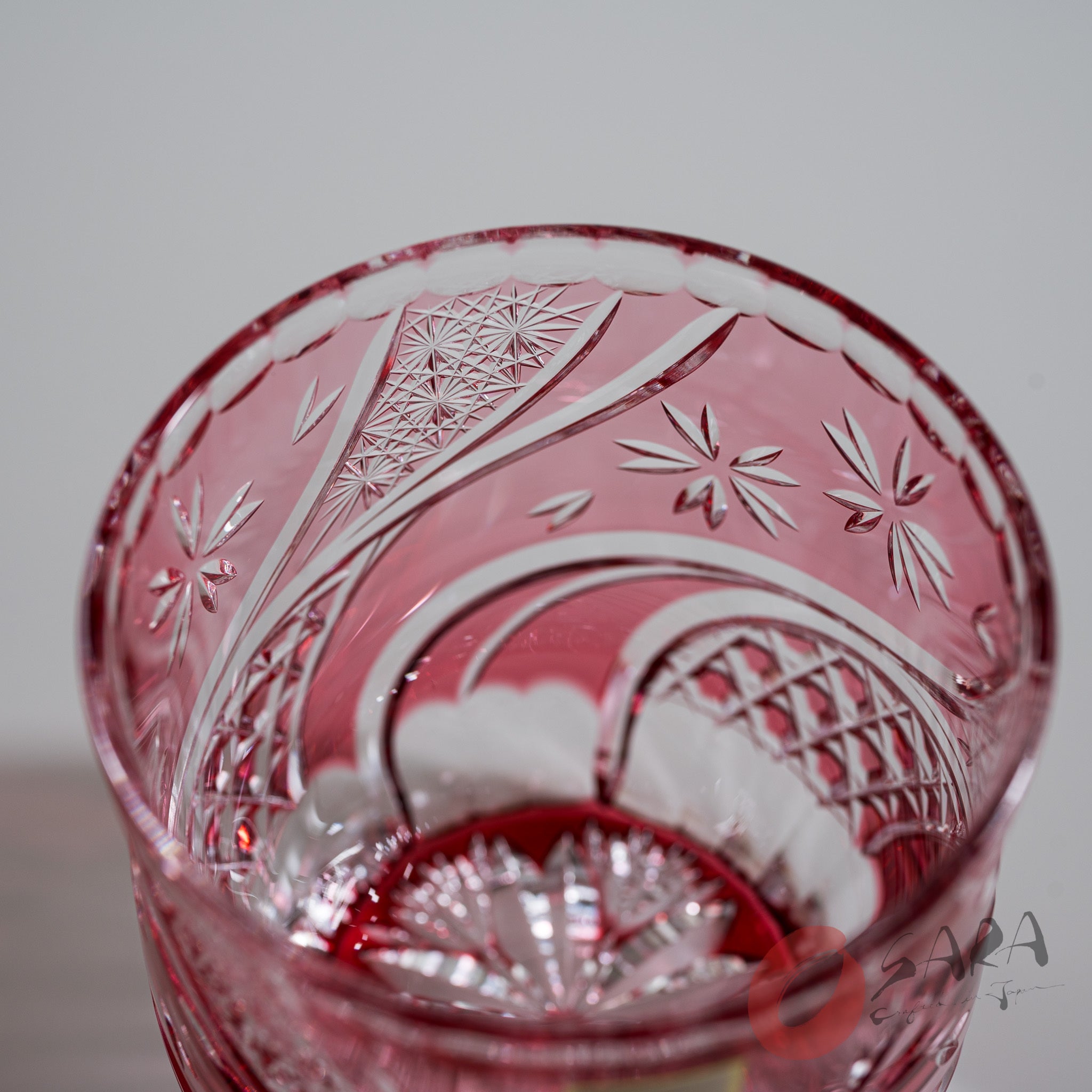 KAGAMI Edo Kiriko Crystal Rock Glass with Floating Cherry Blossoms - Elegant Pink Japanese Whiskey Tumbler for Cocktails, Home Bar Decor & Gift Giving