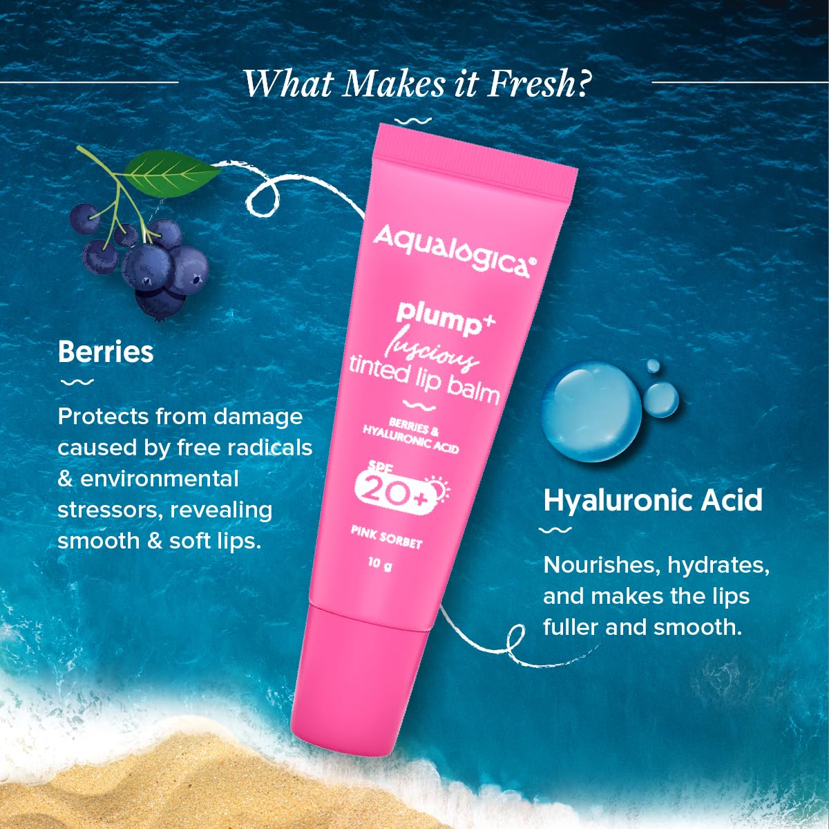 Aqualogica Pink Sorbet Plump+ Luscious Lightweight Tinted Lip Balm SPF 20 - Hydrating Lip Mask for Dry Lips, Lip Lightening Treatment for Women & Men - Perfect for Daily Moisture, Sun Protection & Natural Pink Lips (10g, 1 Count) | Great for Work, Travel & Night Care
