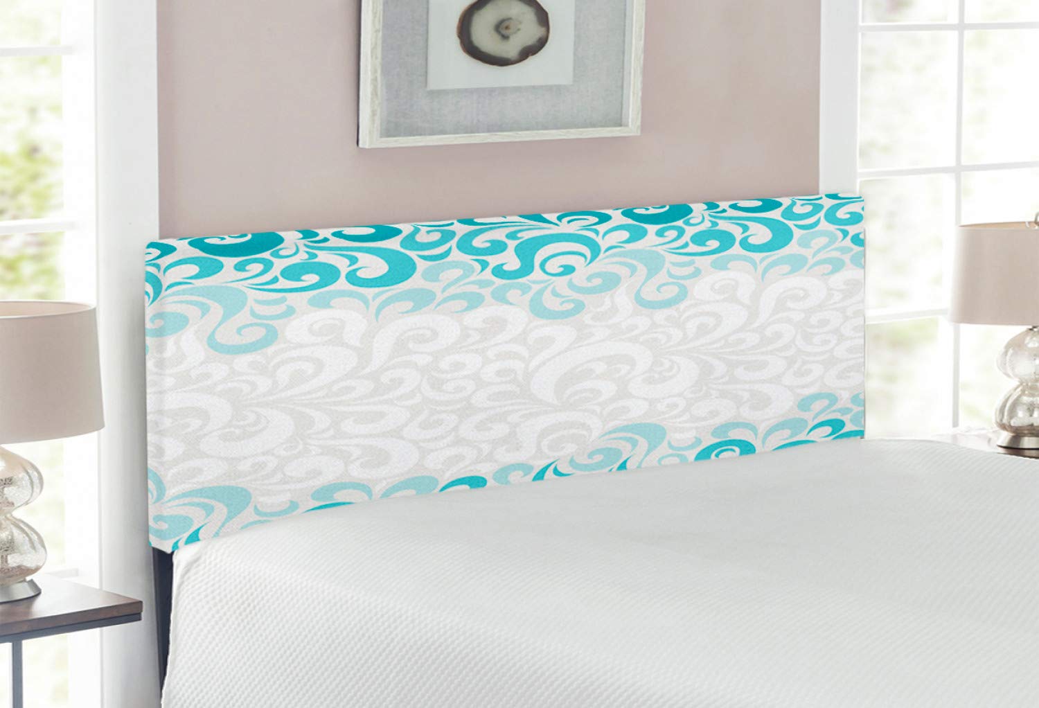 Ambesonne Turquoise Upholstered Headboard - Full Size Bed Headboard with Memory Foam, Abstract Floral Pattern in Teal & White | Perfect for Modern Bedroom Decor & Guest Room Styling