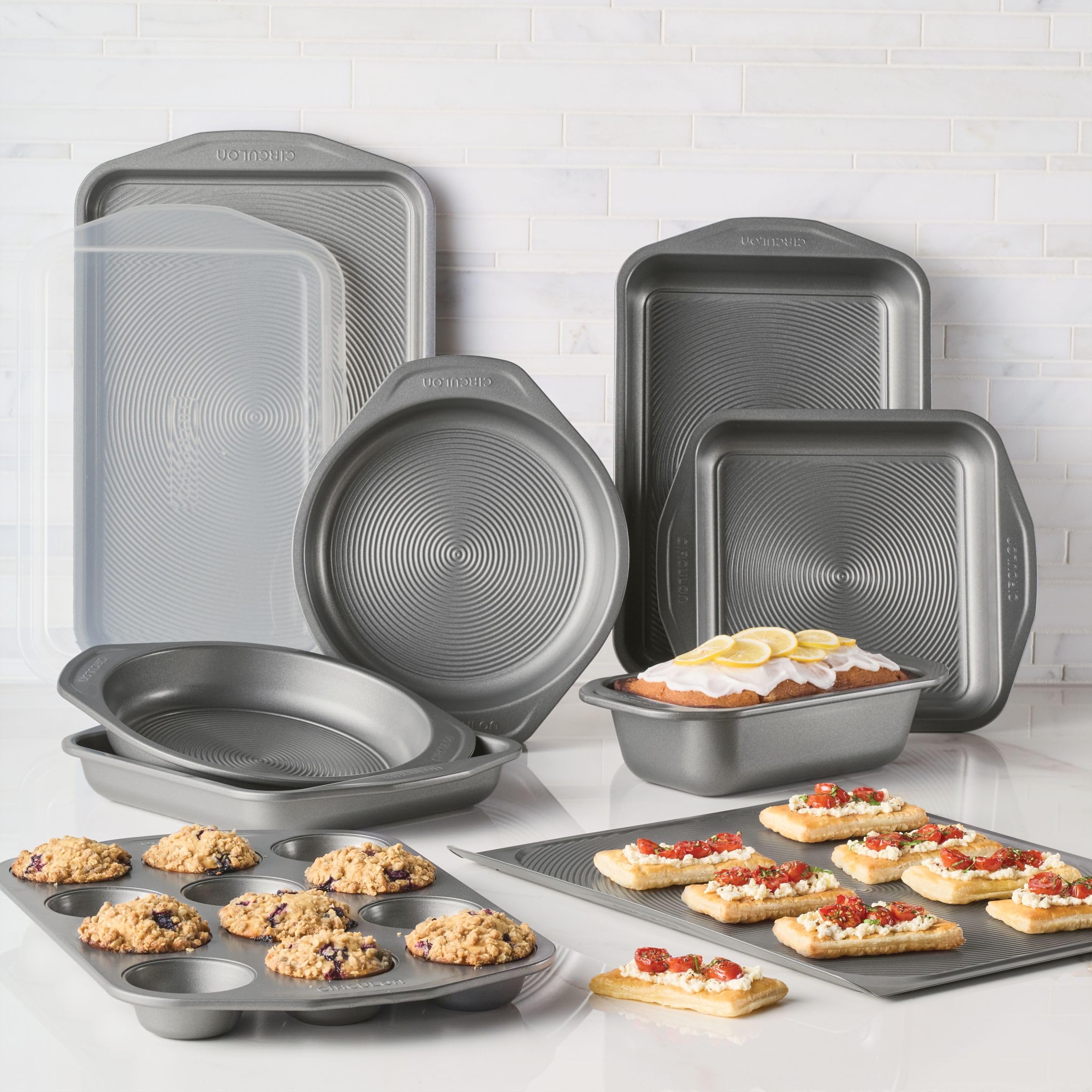 Circulon Total Nonstick 10-Piece Bakeware Set - Gray - Includes Bread Pan, Cookie Sheet, Baking Pan, Cake Pan & Muffin Pan - Perfect for Baking Cookies, Cakes, Bread & Cupcakes at Home