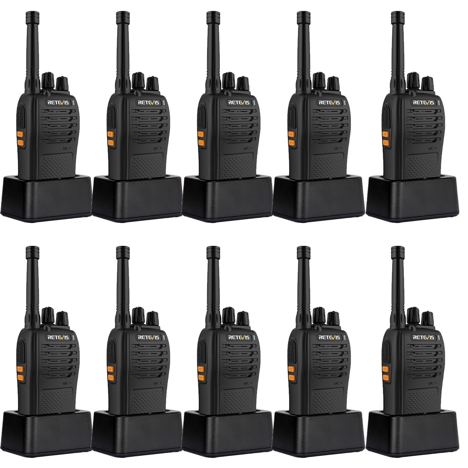 Retevis RB668 Professional Walkie Talkies with LED Flashlight & Emergency Alarm - USB-C Rechargeable PMR446 Rugged Two-Way Radios (10 Pack, Black) - Ideal for School Security, Construction Sites, and Outdoor Adventures