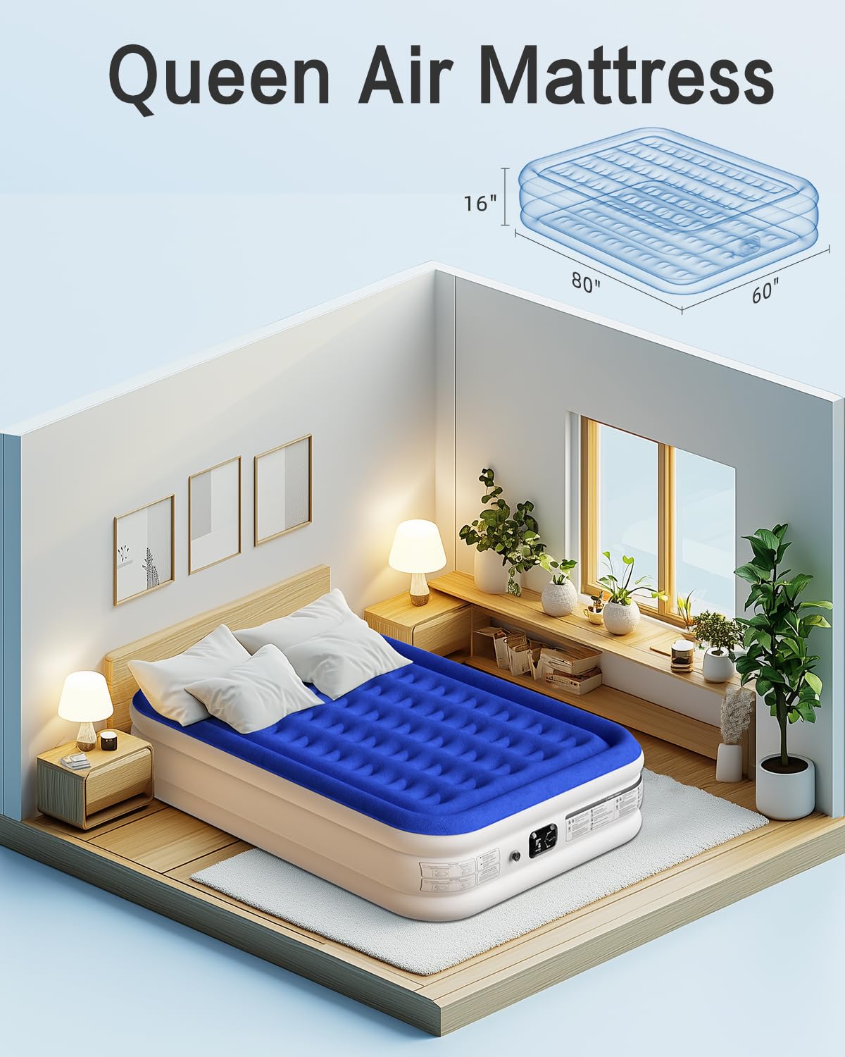 **Queen Size Air Mattress with Built-in Pump - 16