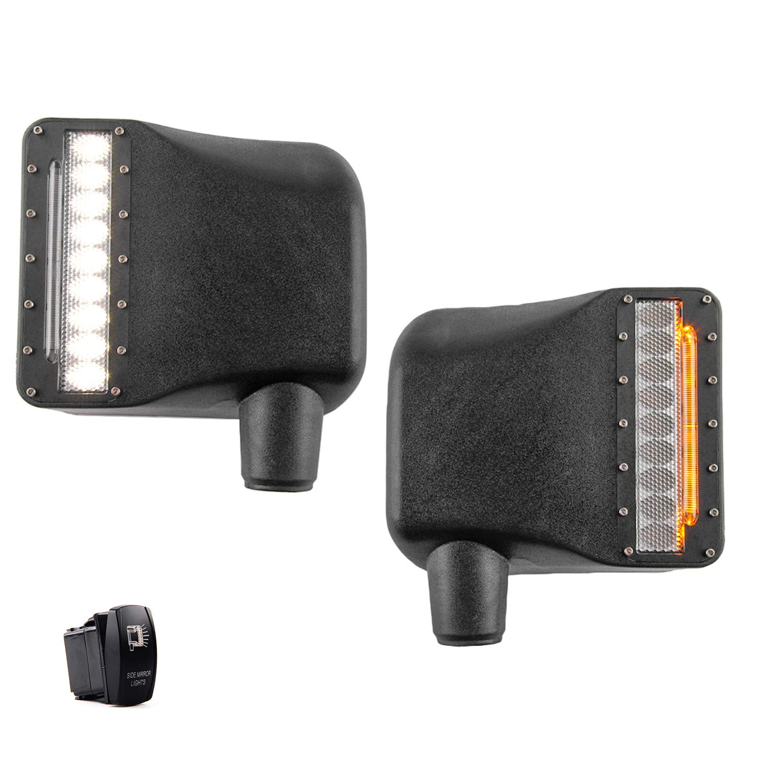 Jeep Wrangler JK JKU 2007-2018 Side Mirror Lights with White LED Spot & Amber Turn Signal - Durable Rear View Mirror Housing (1 Pair) - Perfect for Night Driving & Off-Road Adventures