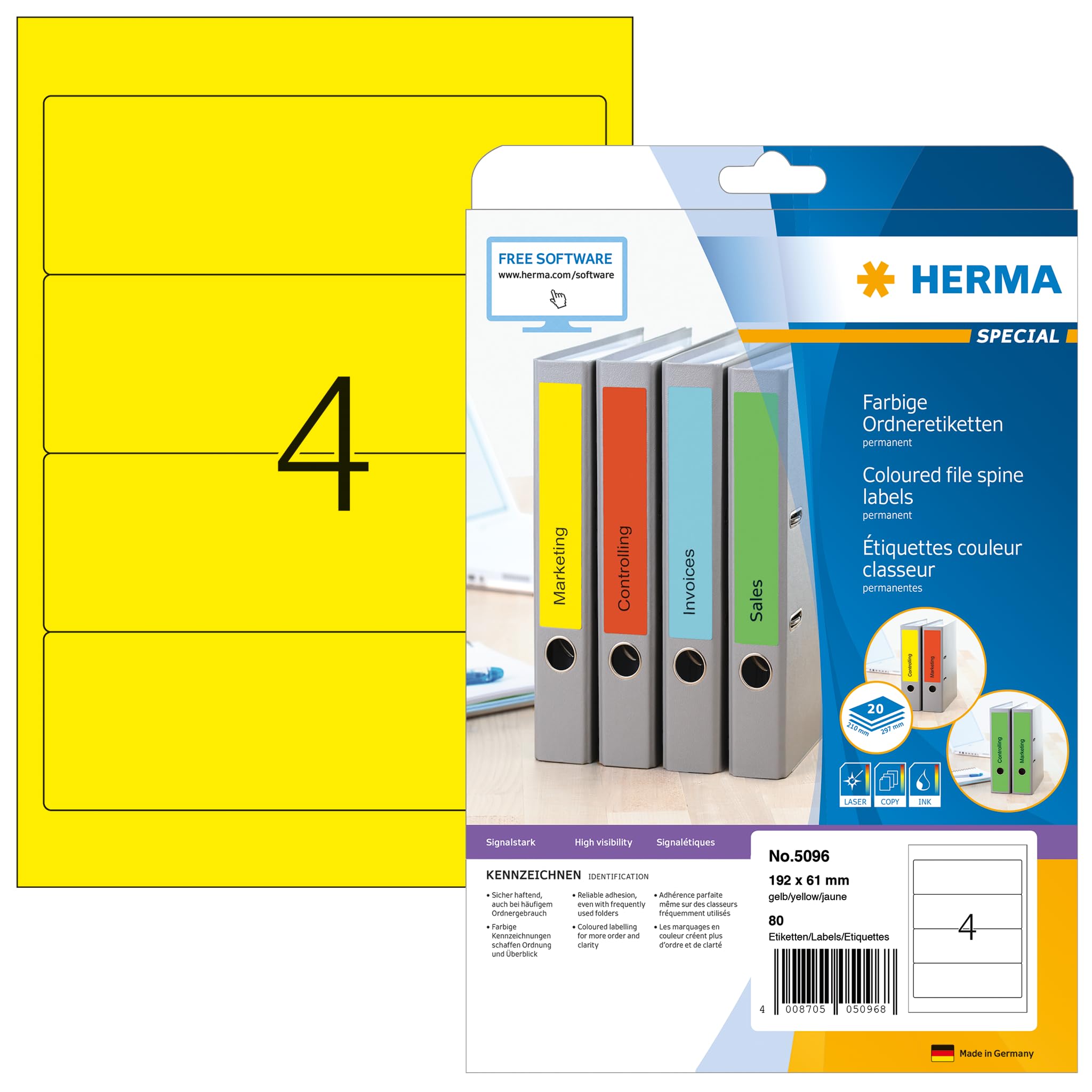 HERMA Self Adhesive Spine Labels - 80 Blank Lever Arch File Folder Stickers (4 Labels per A4 Sheet, 20 Sheets, 192x61mm) for Laser & Inkjet Printers - Yellow - Perfect for Office Organization, File Classification & Document Management