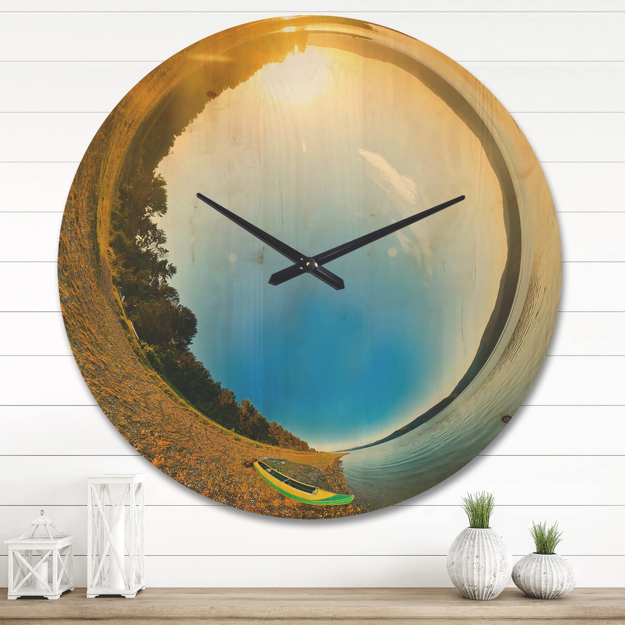 DesignQ 'Kayak at River Bank Little Planet' Modern Wood Wall Clock - Large Decorative Oversized Wooden Clock for Living Room, Bedroom & Office Décor - Perfect for Home, Office & Gifts