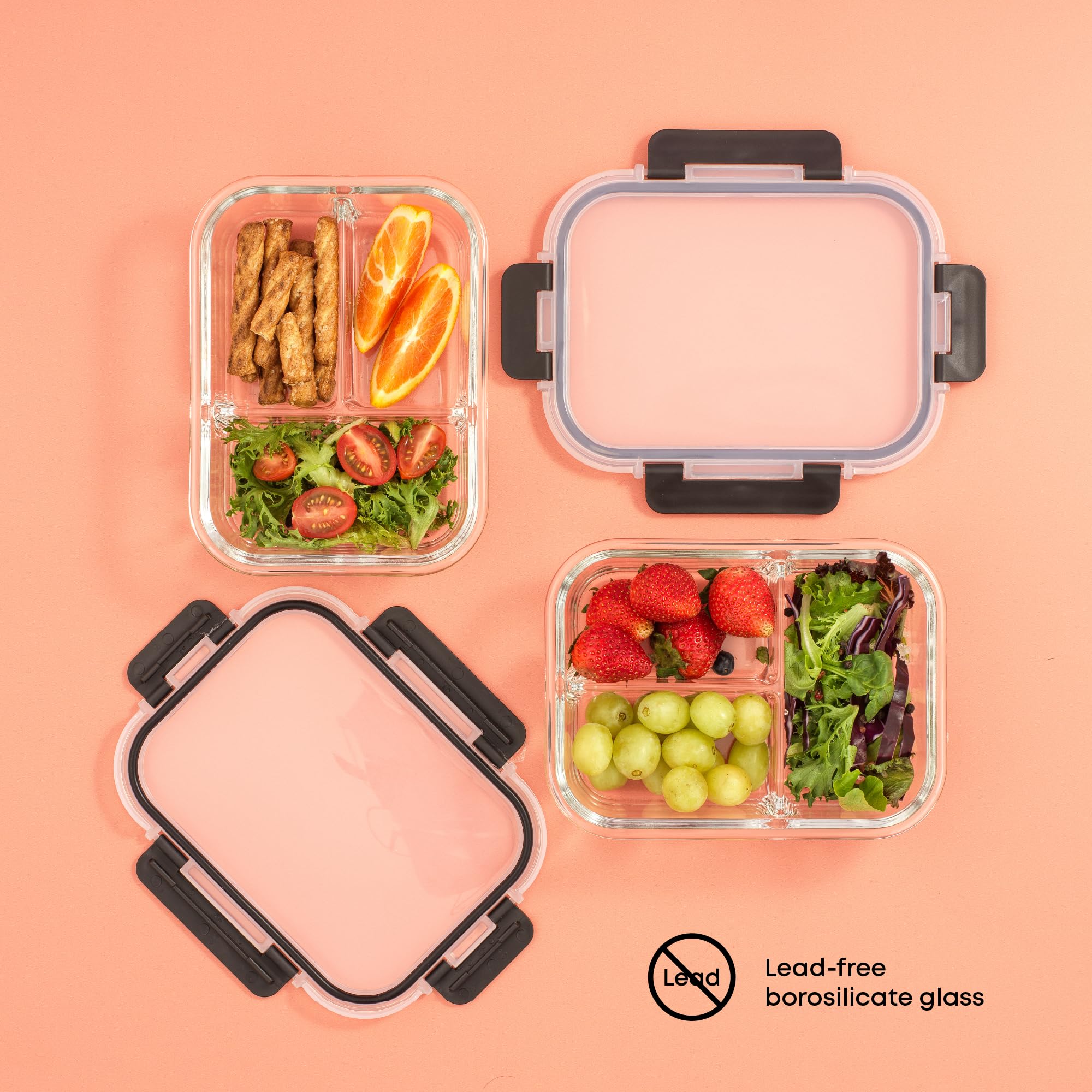 JoyJolt 3-Compartment Glass Meal Prep Bento Box Set - 5 Pack Airtight Food Storage Containers with Lids for Portion Control, Weight Loss & Healthy Eating | Perfect for Office Lunches, Meal Prepping & On-the-Go Nutrition