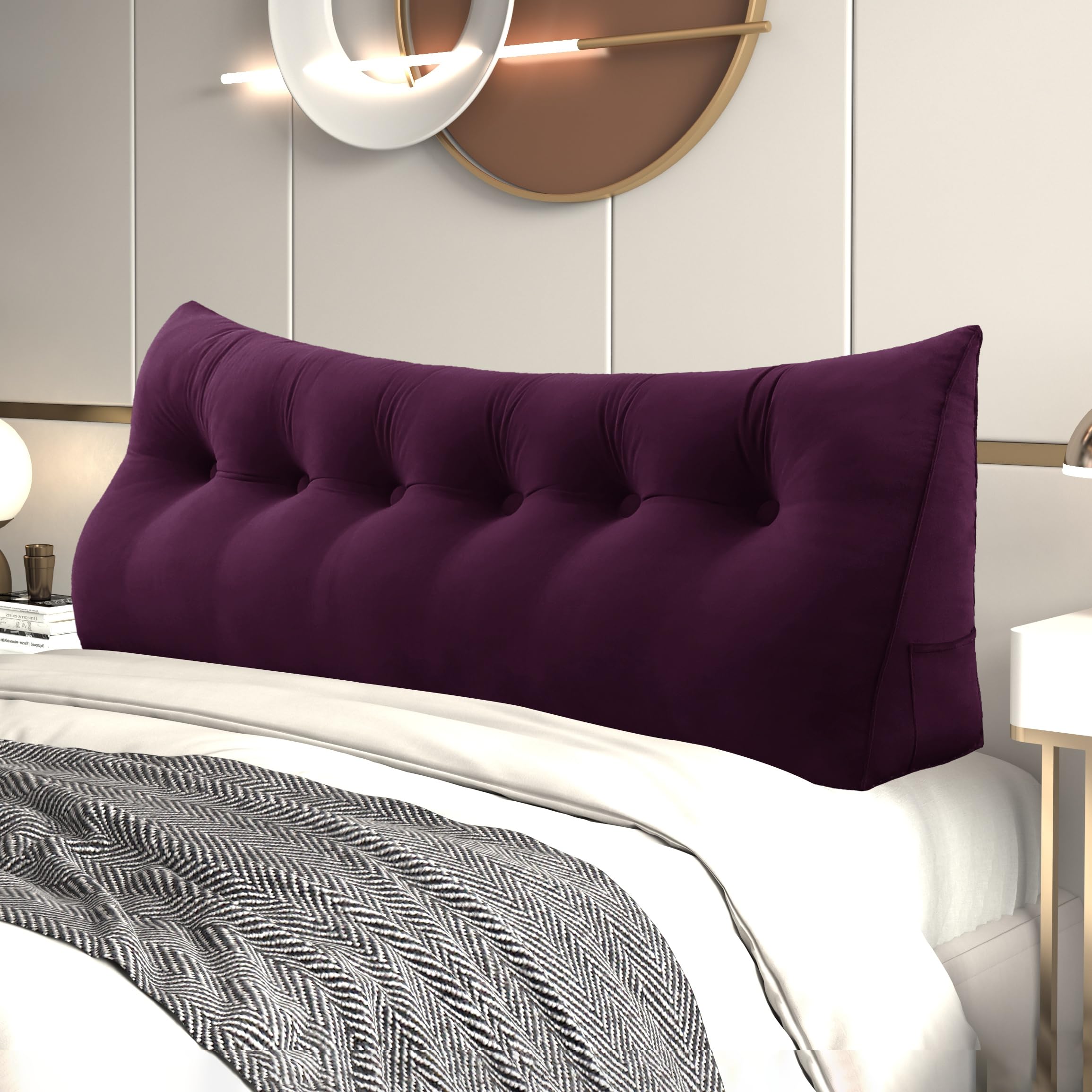 Velvet Wedge Headboard Pillow - Large Triangular Backrest for Sitting in Bed, Lumbar Support Cushion with Bolster - Perfect for Reading, Relaxing & Back Pain Relief (Burgundy, Cal-King Size) | Ideal for Daybeds, Book Lovers & Comfortable Bed Sitting