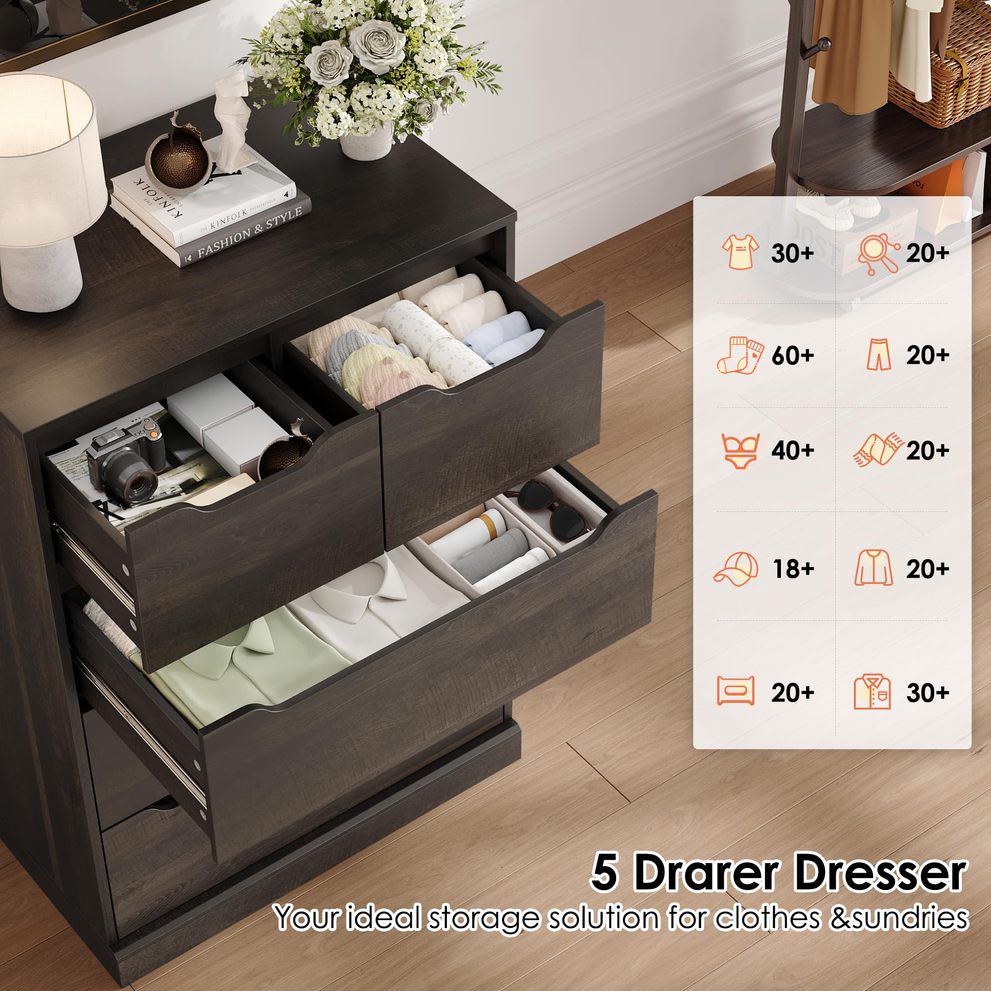 Modern 5-Drawer Wood Dresser for Bedroom - Dark Brown Storage Chest with Cut-Out Handles, Organizer Cabinet for Clothes & Accessories - Perfect for Bedroom, Living Room, Entryway & Hallway Storage Solutions