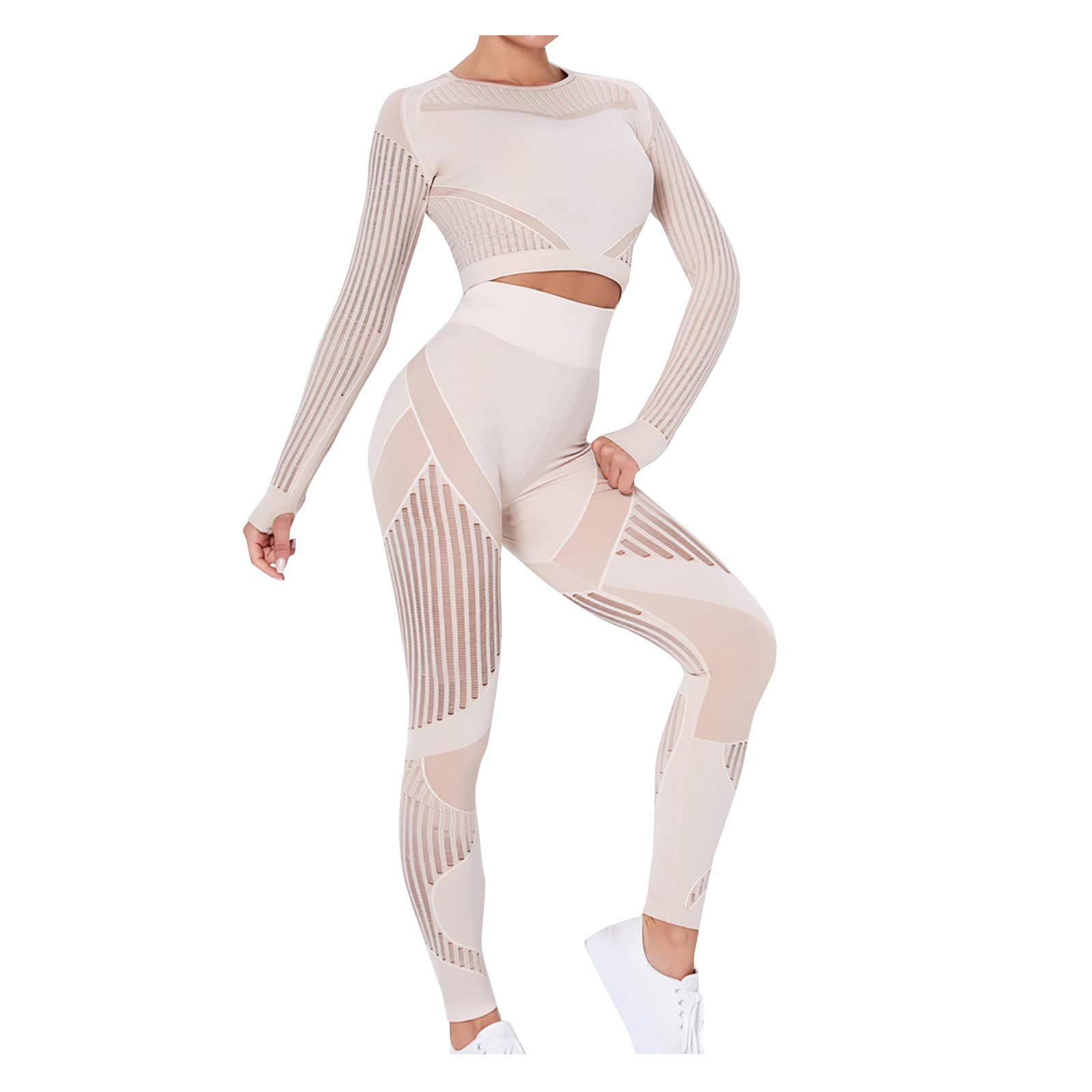 Women's 2-Piece Seamless Striped Hollow Out Yoga Outfit - Quick Drying Fitness Set with Matching Summer Clothes for Workouts & Lounge Wear