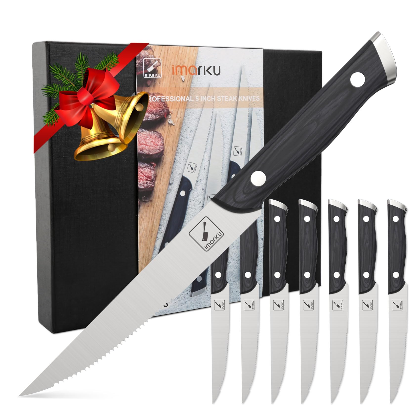 Imarku 8-Piece Steak Knives Set - Serrated Japanese HC Steel Blades with Pakkawood Ergonomic Handles - Premium Steak Knife Set in Gift Box - Perfect for Steak Dinners, BBQ Parties & Housewarming Gifts for Men & Women