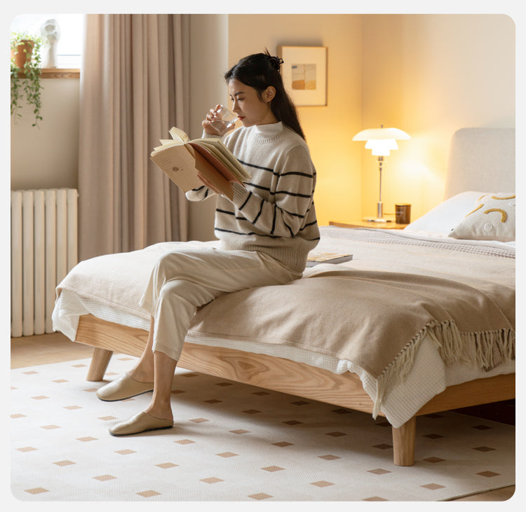 Solid Oak Wood Soft Bed Frame - Queen Size, Natural Wood Finish - Perfect for Master Bedrooms, Guest Rooms & Cozy Home Decor