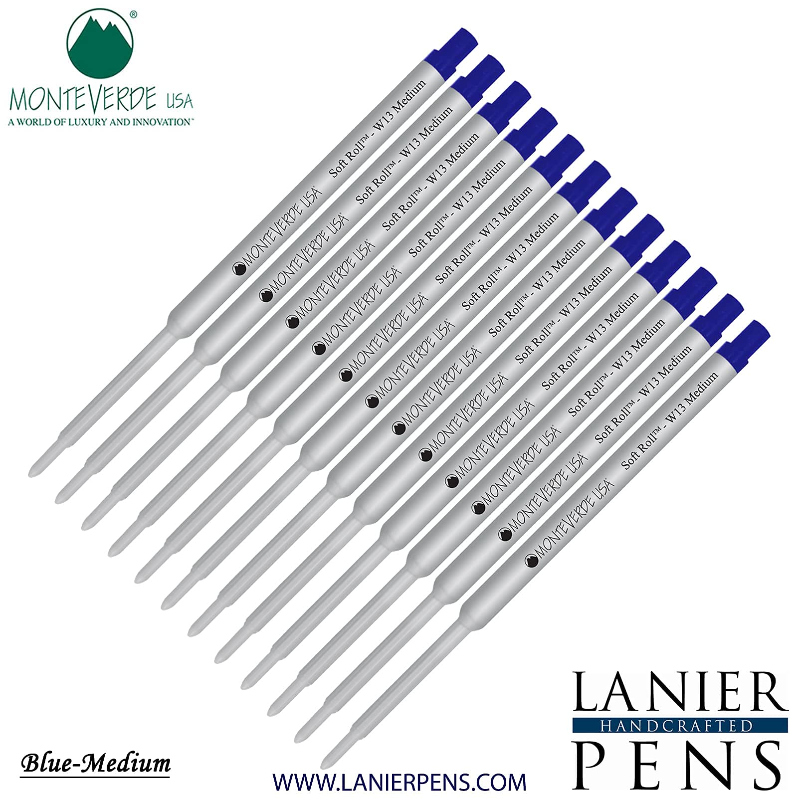 Monteverde Soft Roll Ballpoint Refill 12-Pack - W13 Paste Ink Compatible with Waterman Style Pens - Blue Medium Tip 0.7mm - Perfect for Office, School & Everyday Writing