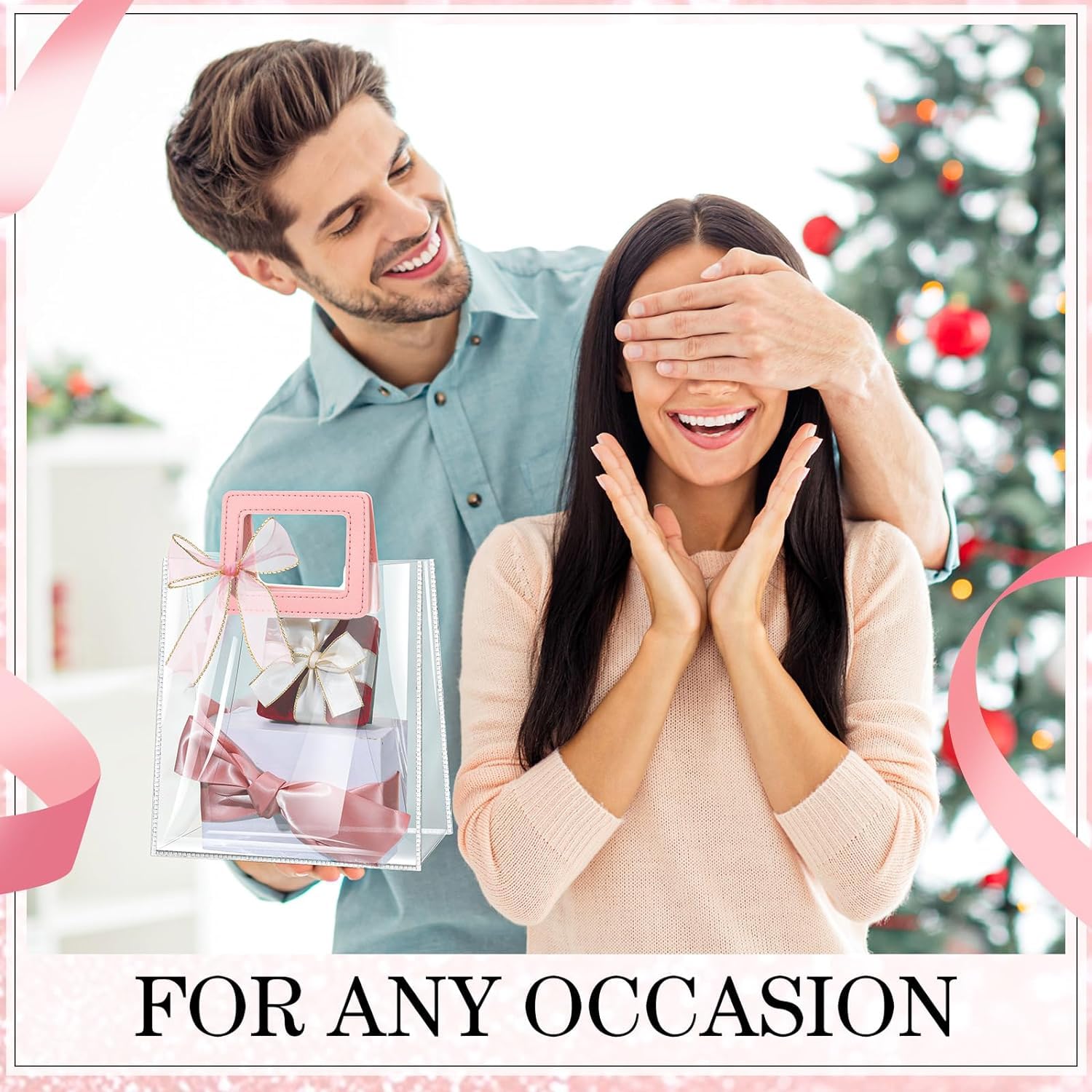 AIVER Clear Transparent Gift Bags for Wedding, Birthday, Party - Pink Square Handle Tote Shopping Bags (Set of 1 Medium) - Perfect for Bridal Showers, Baby Showers & Special Occasions
