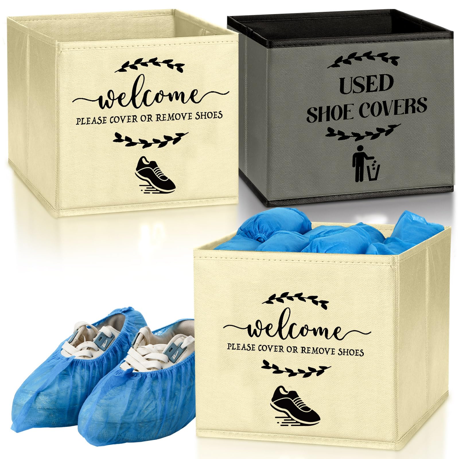 2 Pack Foldable Shoe Cover Dispenser Box with Used Shoe Cover Bin & Welcome/Remove Sign - Dark Gray & Beige for Open House, Real Estate Showings & Home Visits