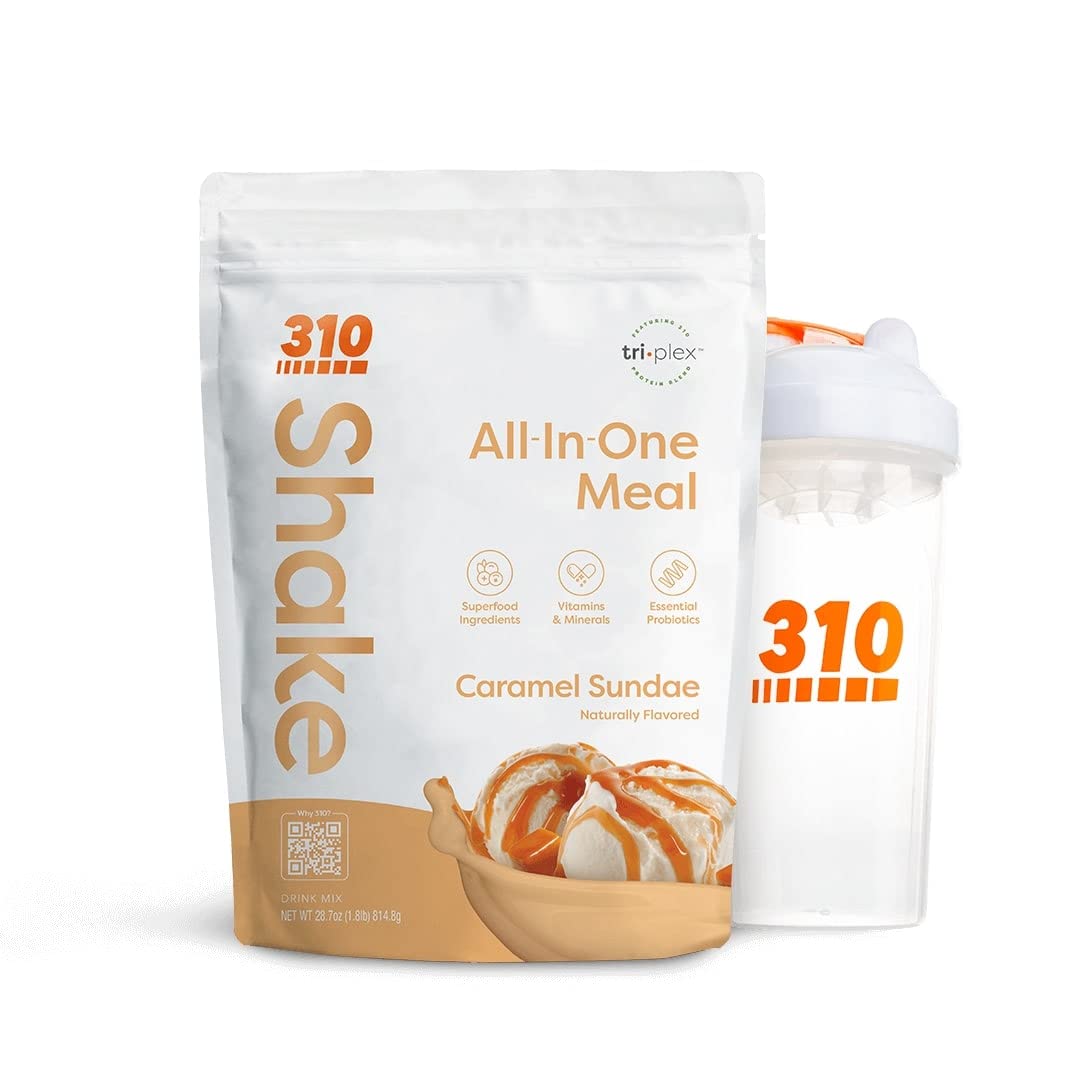 310 Nutrition All-In-One Meal Replacement Shake with Shaker Cup - Vegan Superfood Blend with Fiber, 26 Vitamins & Minerals - Low Carb, Keto, Paleo & Gluten Free - Natural Sweeteners - Caramel Sunday Flavor (28 Servings) - Perfect for Weight Loss, Post-Workout Recovery & Busy Lifestyles