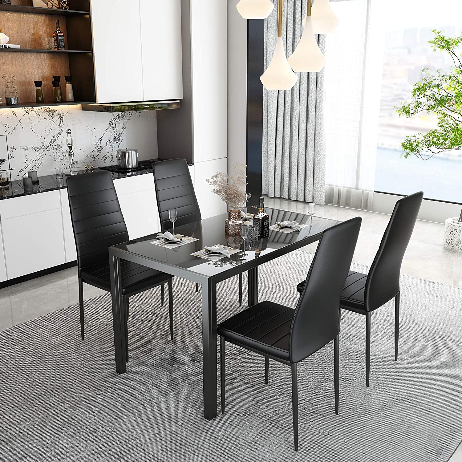 4-Piece Glass Dining Table Set with PU Leather Chairs - Modern Kitchen & Dining Room Furniture for Small Spaces | Perfect for Apartments, Breakfast Nooks & Cozy Family Meals