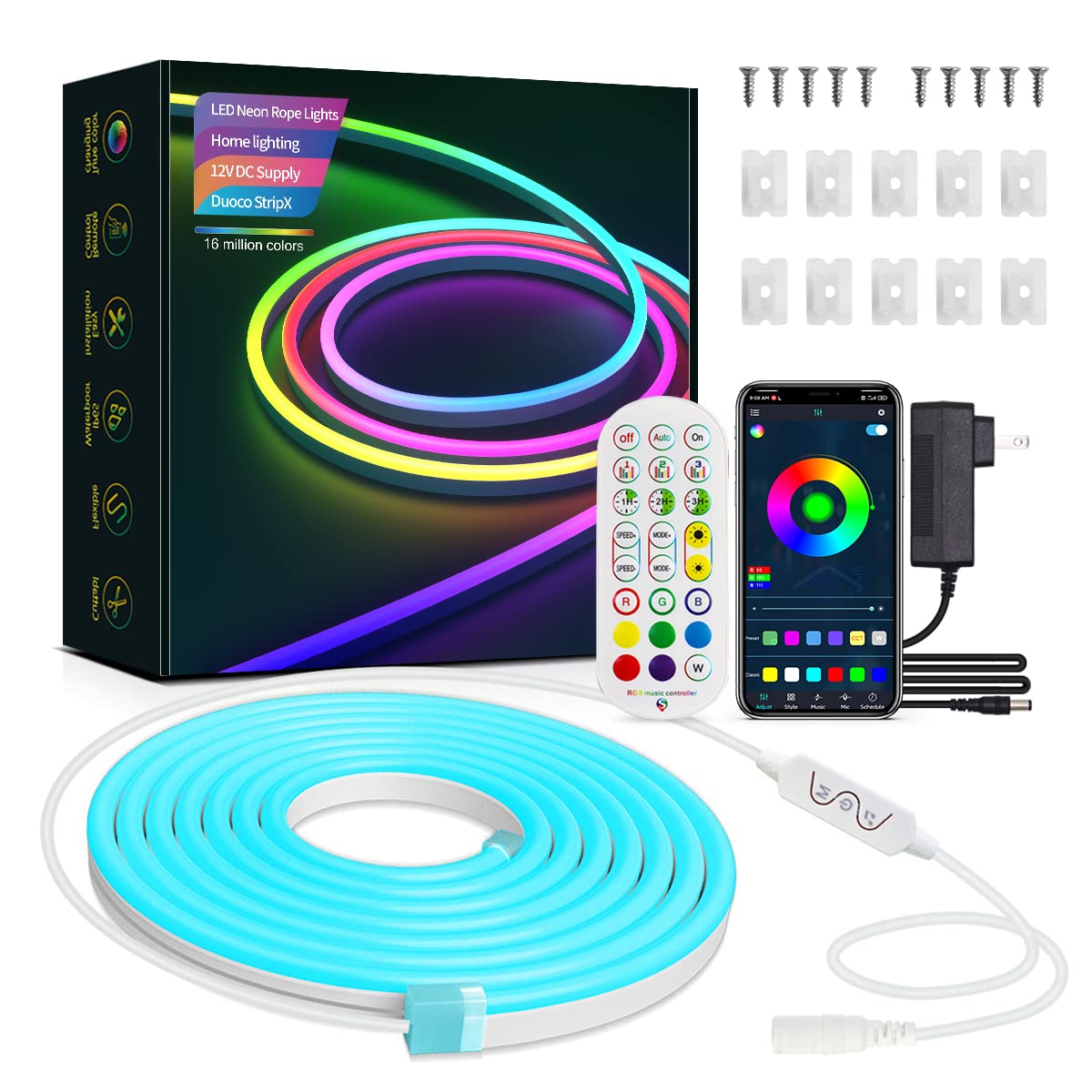 Qoope 16.4ft RGB LED Neon Rope Lights - Dimmable 12V Waterproof Strip Lights with Music Sync, Remote & APP Control for Bedroom, Living Room, Gaming Setup, Bar, Outdoor Wall Decor - Perfect for Parties, Home Lighting & Nighttime Ambiance (Power Adapter Included)