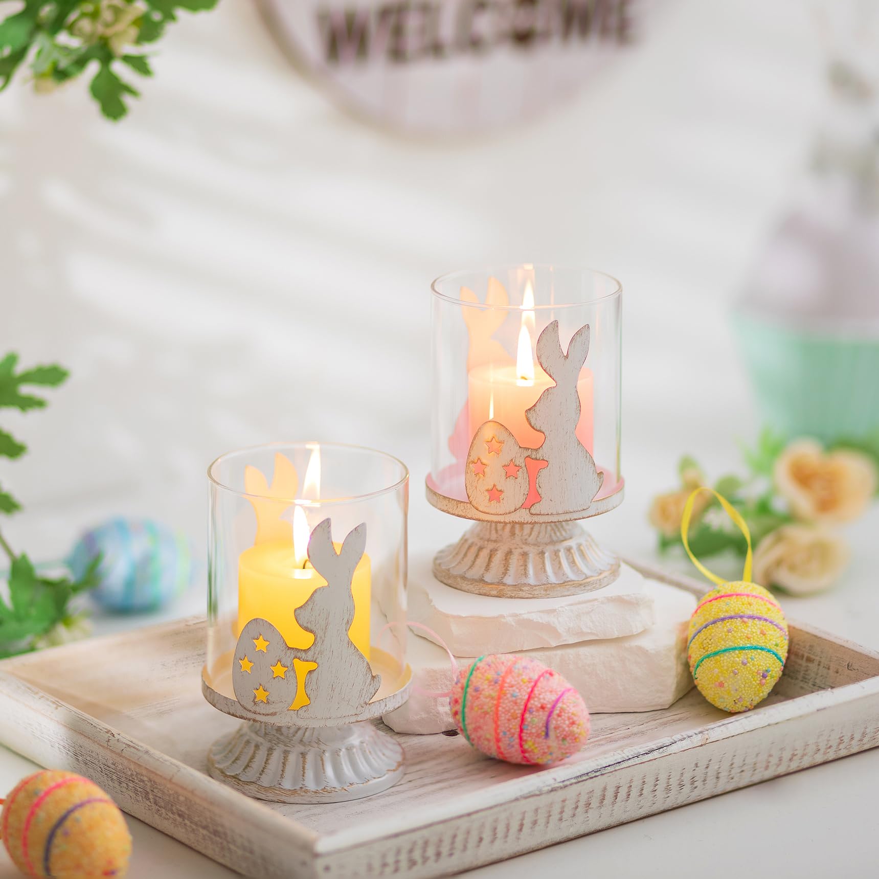 Romadedi Easter Bunny Candle Holder Set of 2 - Rustic Rabbit Egg Hurricane Vase for Table Centerpiece, Spring Home Decor, White Distressed Farmhouse Decor | Perfect for Easter Decorations, Spring Tablescapes & Farmhouse Style Home Decor