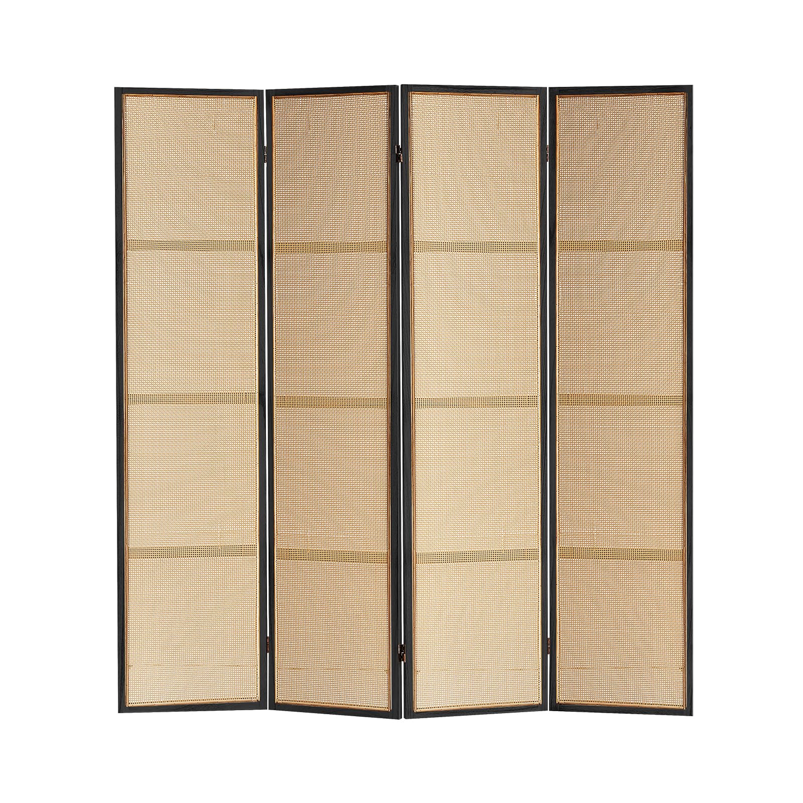 4 Panel Wood Room Divider - 5.6FT Foldable Privacy Screen with Hand-Woven Rattan Design - Freestanding Partition for Home Office, Bedroom, Restaurant & Indoor Decor (Black) - Perfect for Creating Private Spaces & Room Dividers
