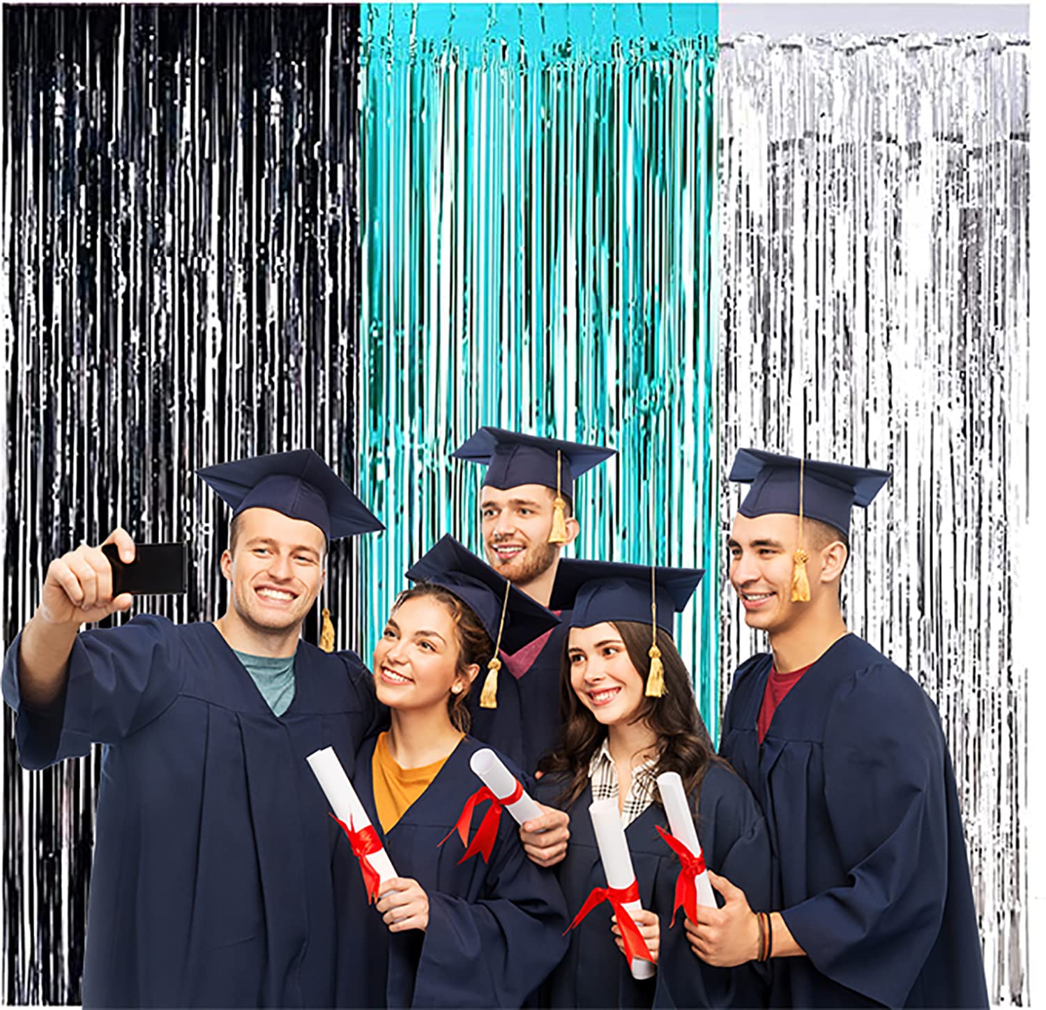 2025 Graduation Party Decorations - Turquoise, Black & Silver Foil Fringe Curtains | Photo Backdrop for Graduation Ceremony & Women's Birthday Celebration | Perfect for Graduation Photos, Party Decor & Event Backgrounds