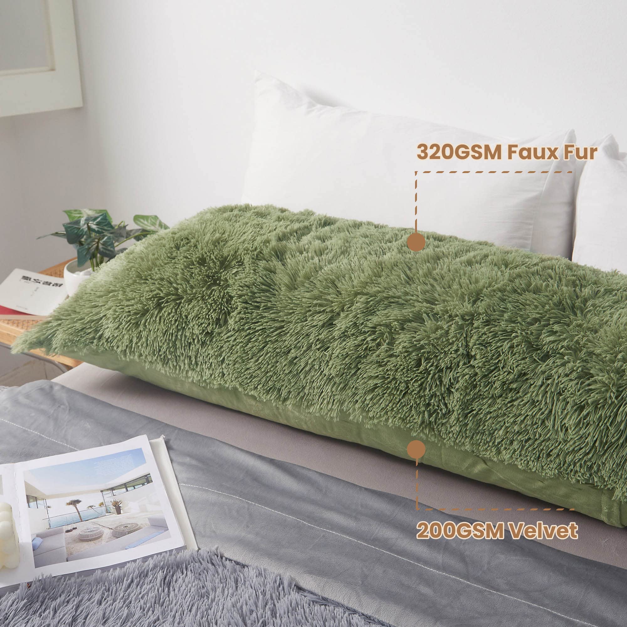 **MEGO Fluffy Body Pillow Cover 20x54 Inches - Soft Shaggy Faux Fur Pillow Case, Sage Green Plush Fuzzy Bed Pillow Cover with Zipper for Adults & Side Sleepers - Perfect for Lounging, Reading & Relaxing in Bed**