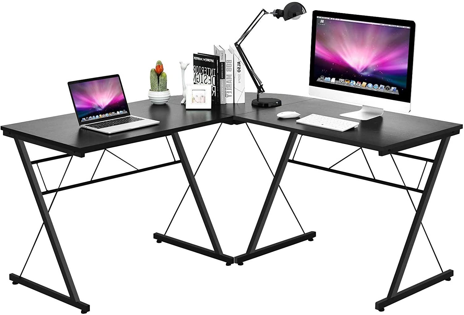 GRAFFY L-Shaped Gaming Desk with Large Monitor Stand - Ergonomic Home Office Computer Workstation, Multifunctional Corner Desk for PC & Laptop (Black) - Perfect for Small Spaces, Streaming & Remote Work