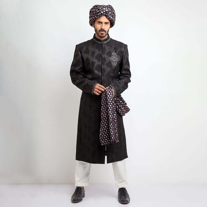 Elegant Black Jacquard Sherwani with Zardozi Embroidery - Slim Fit Indian Wedding Sherwani for Men | Perfect for Groom Outfits, Festive Celebrations & Special Occasions