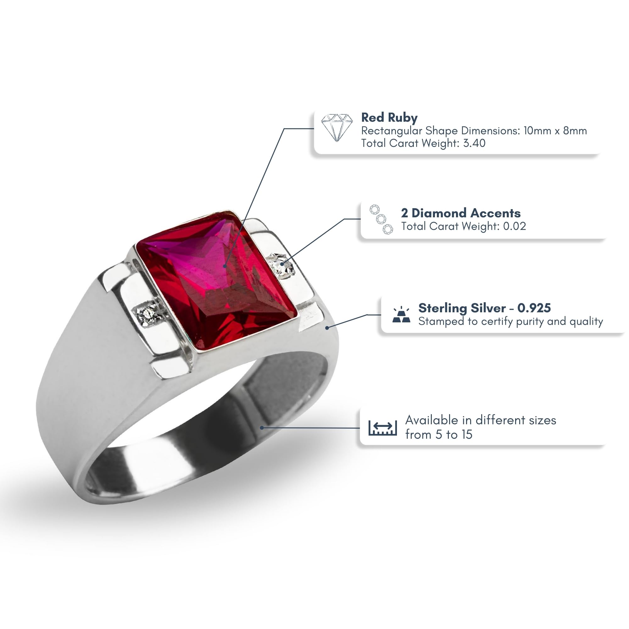 Blake's Sterling Silver Men's Ring with 2 Diamond Accents & Baguette Sapphire/Emerald/Ruby/Citrine/Amethyst/Topaz Options - Size 5-15 - Luxury Men's Jewelry Gift for Anniversary, Wedding, Birthday & Special Occasions