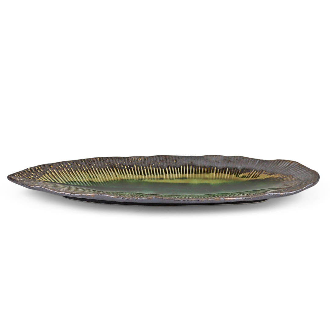 Bronze x Oribe Green Leaf Shaped Plate 13 x 5.3 Inches - Elegant Japanese-Inspired Serving Dish for Sushi, Appetizers & Home Decor