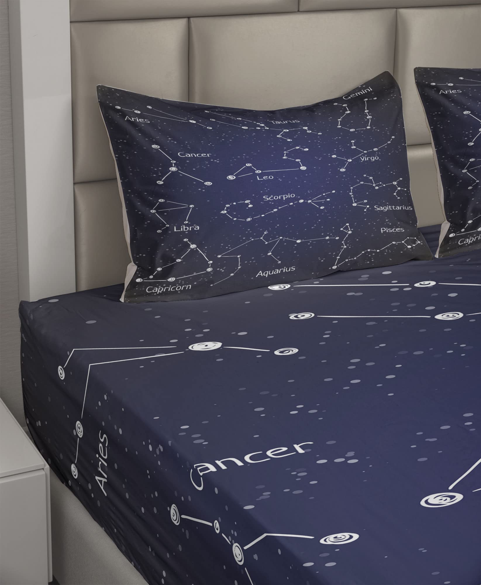 Ambesonne Constellation Bed Sheet Set 4-Piece - Zodiac Star Clusters & Sign Names in Chalk Doodle Style - King Size Dark Blue & White Bedding - Perfect for Astronomy Lovers' Bedrooms & Cozy Stargazing Nights