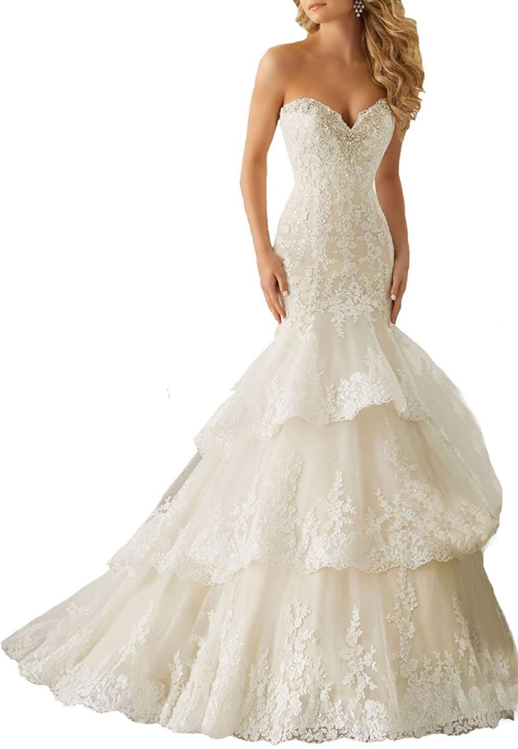 Elegant Crystal Mermaid Lace Wedding Dress with Trumpet Silhouette - Perfect for Beach Weddings, Vow Renewals & Romantic Photoshoots