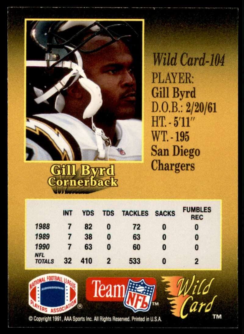 1991 Gill Byrd Wild Card 100 Stripe #104 Football Trading Card - Perfect for NFL Collectors and Sports Memorabilia Enthusiasts