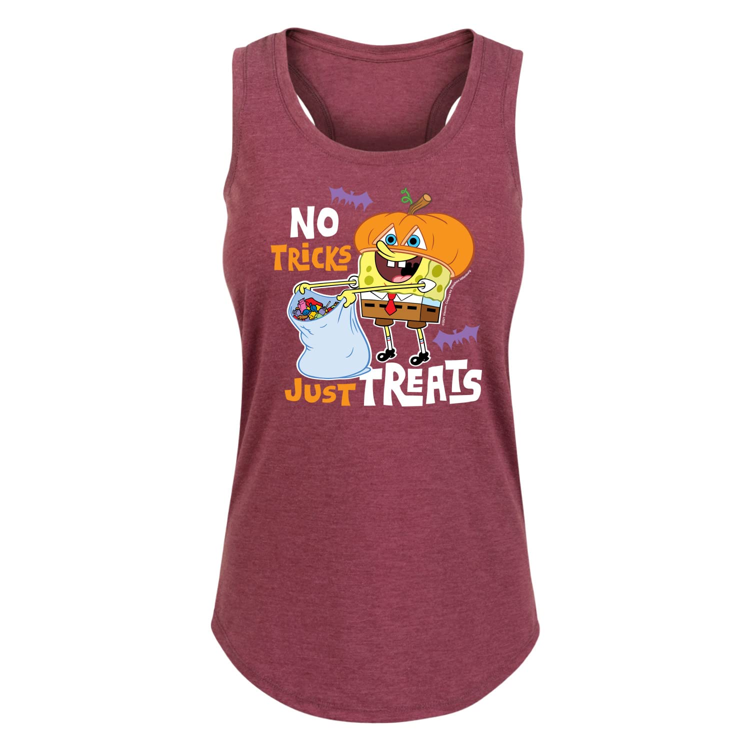 HYBRID APPAREL Spongebob Squarepants No Tricks Just Treats Women's Racerback Tank Top - Funny Cartoon Graphic Tee for Halloween Costumes, Beach Wear & Casual Summer Outfits