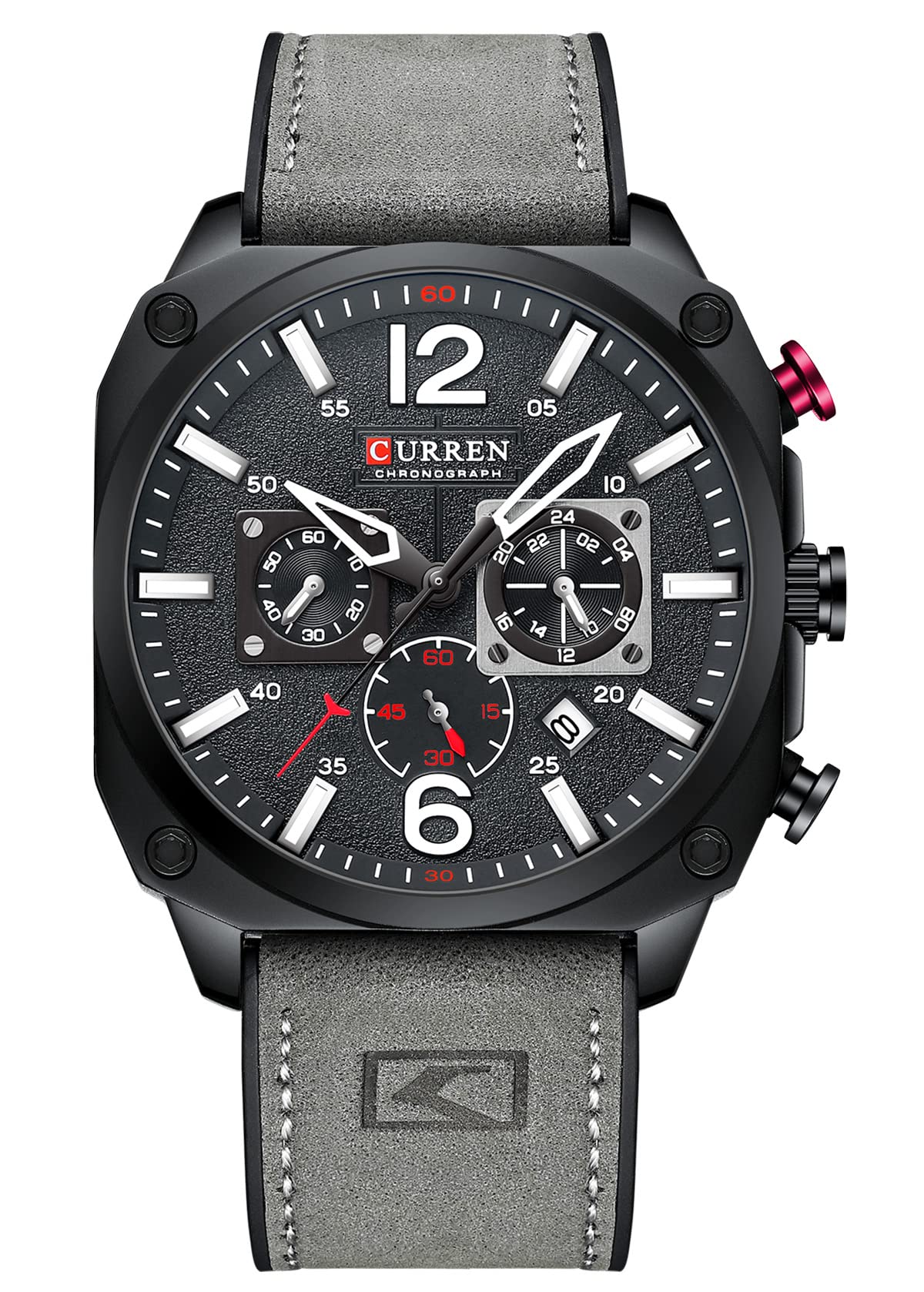 Tonnier Men's Sports Chronograph Watch with Date, Luminous Hands & Leather Strap - Military Style Wristwatch for Outdoor Activities, Running, and Casual Wear