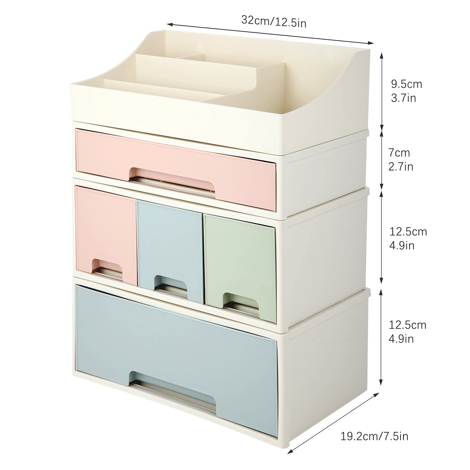 5-Drawer Makeup Organizer & Cosmetic Storage Box - Desktop Stationery Holder, Remote Control Organizer, Kitchen Spice Box (4-Piece Set, Blue/Pink/Green) - Perfect for Bedroom Vanity, Office Desk & Kitchen Counter Organization