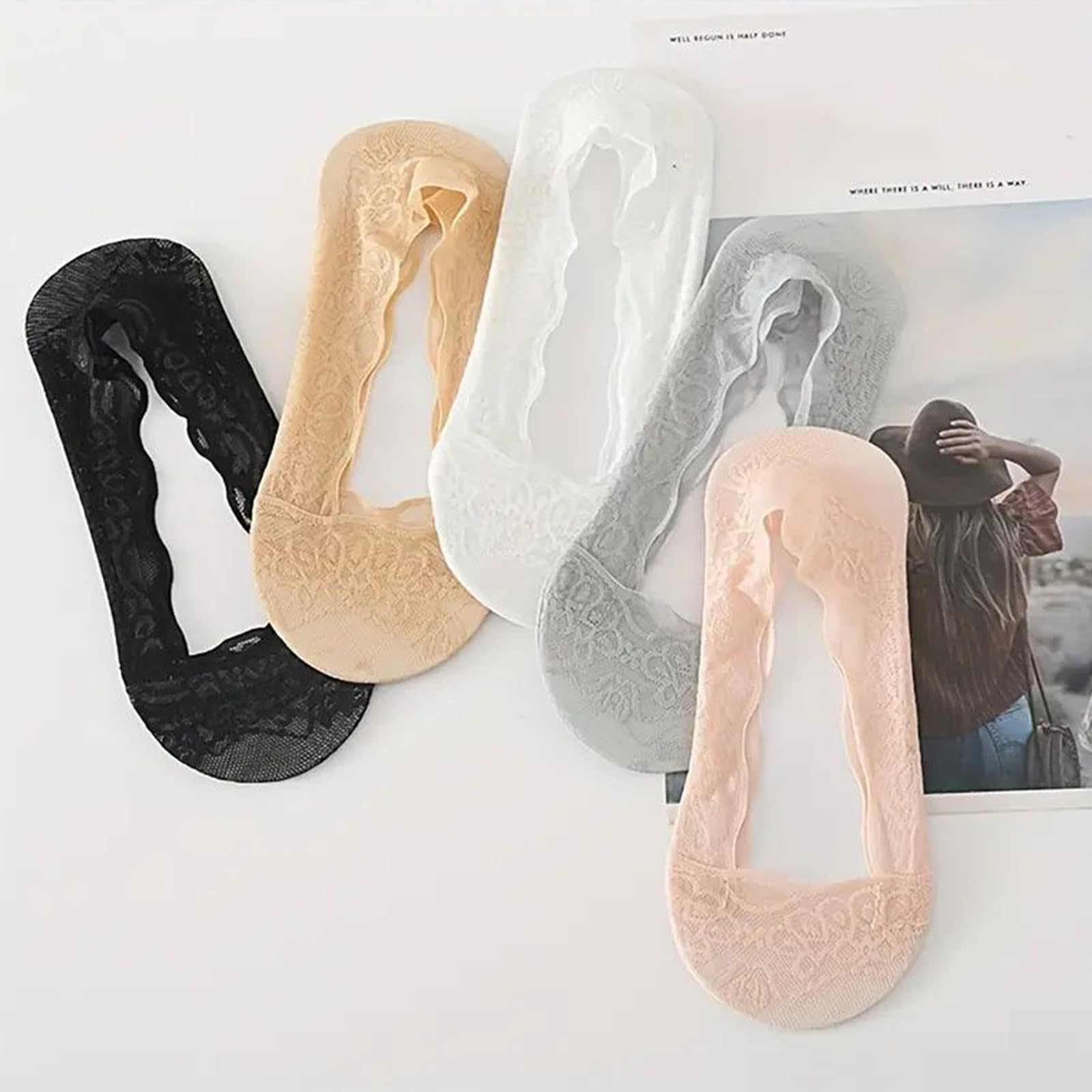 Lace No Show Socks for Women - 5 Pairs Breathable Non-Slip Boat Liners | Comfortable Invisible Socks for Flats, Loafers & Sneakers | Perfect for Work, Travel & Everyday Wear