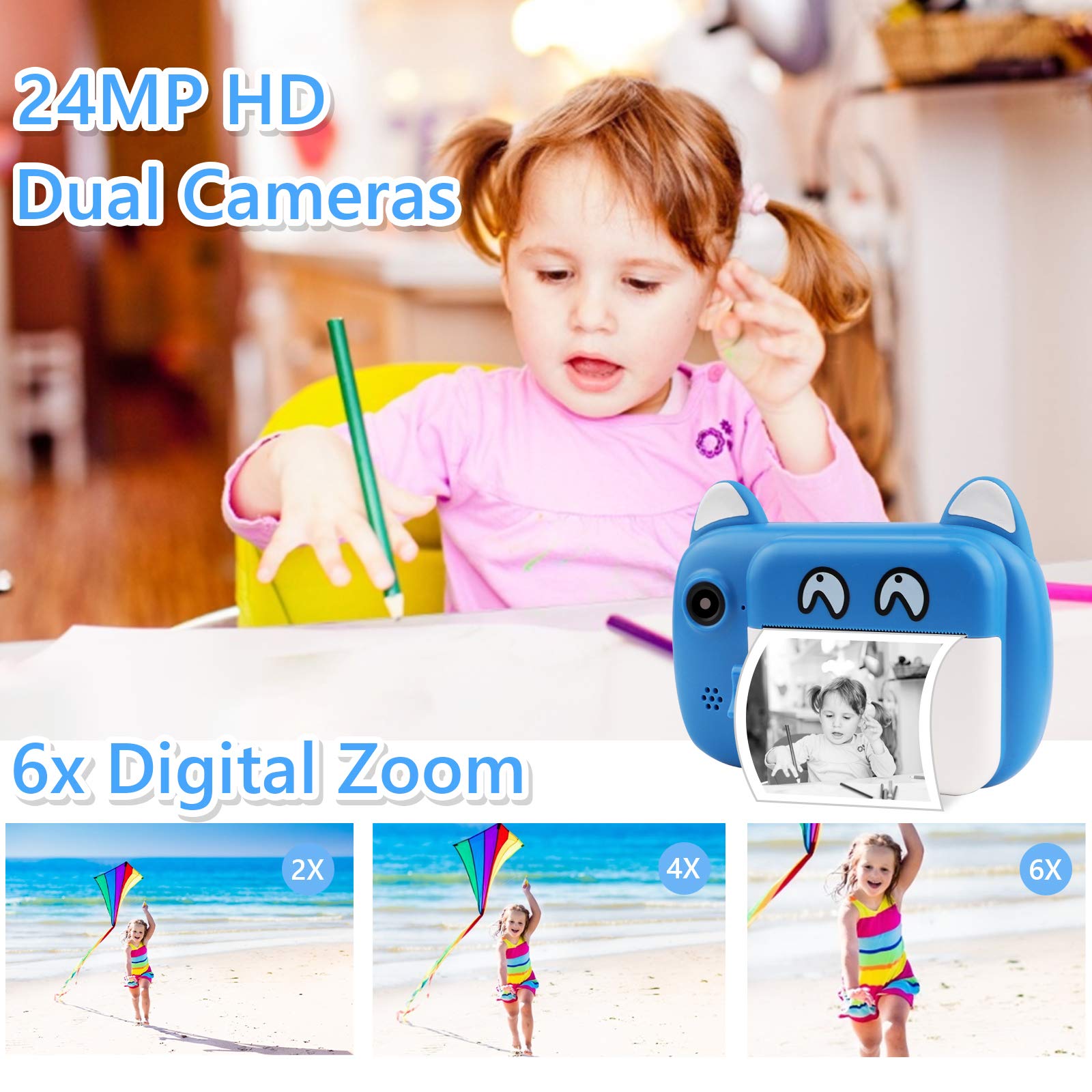TOYOGO Instant Print Camera for Kids - Upgraded Digital Selfie Camera with 3 Rolls Print Paper, 1000mAh Battery, Dual Lens & 1080P HD Video - Perfect Birthday Gift for Boys & Girls | Fun for Parties, Travel & Family Memories (Blue)
