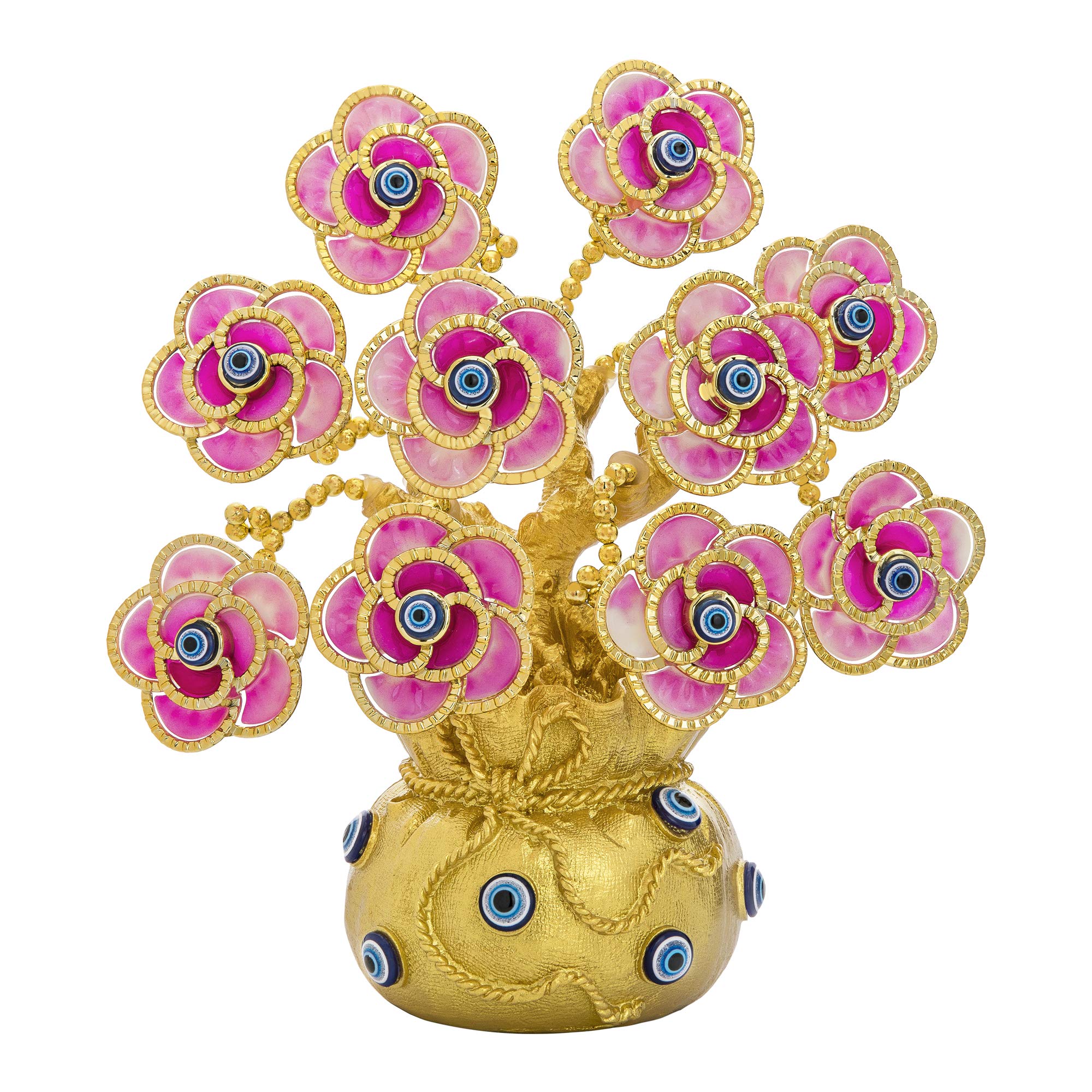 YU FENG Turkish Evil Eye Tree with Golden Lucky Bag - Artificial Plant in Vase for Home & Office Decor - Brings Good Luck, Wealth & Positive Energy | Perfect for Living Room, Bedroom, or Gift