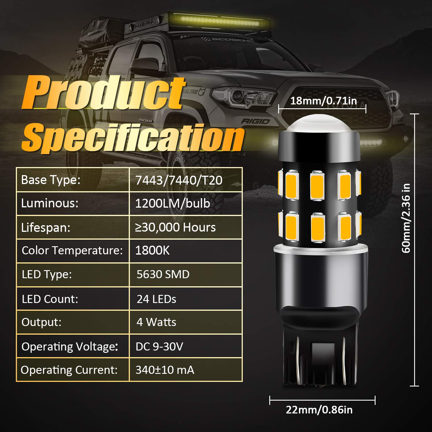 7443 LED Bulbs - Super Bright 24-SMD 9-30V Non-Polarity 7440 7441 7444 T20 992 W21W LED Bulbs with Projector - Amber Yellow Turn Signal & Side Marker Lights - Pack of 2 - Perfect for Cars, Trucks, SUVs & Motorcycles