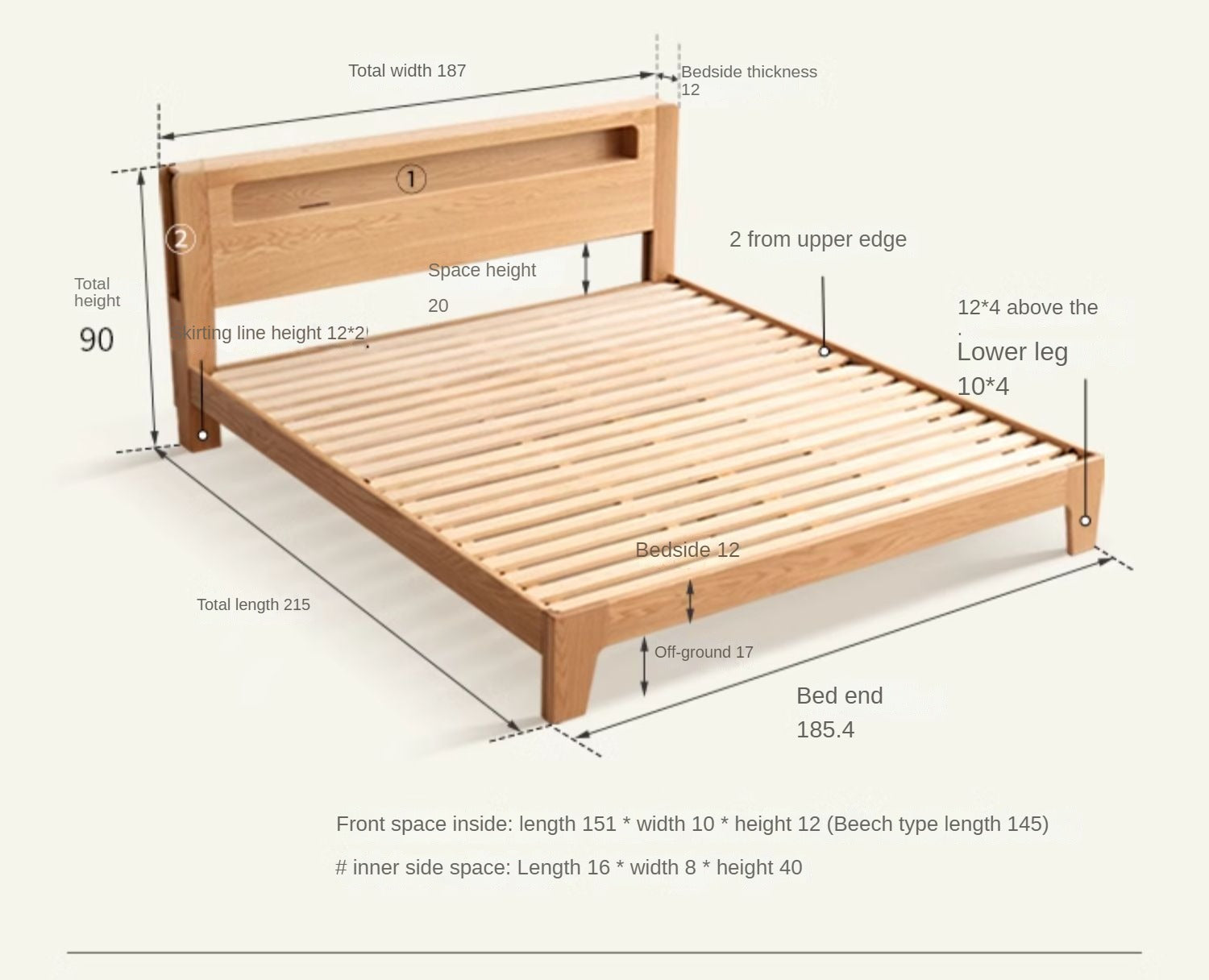 Solid Oak and Beech Wood Bed with Built-in LED Lights and Bookshelf - Modern Bedroom Furniture for Small Spaces, Lofts, and Studio Apartments