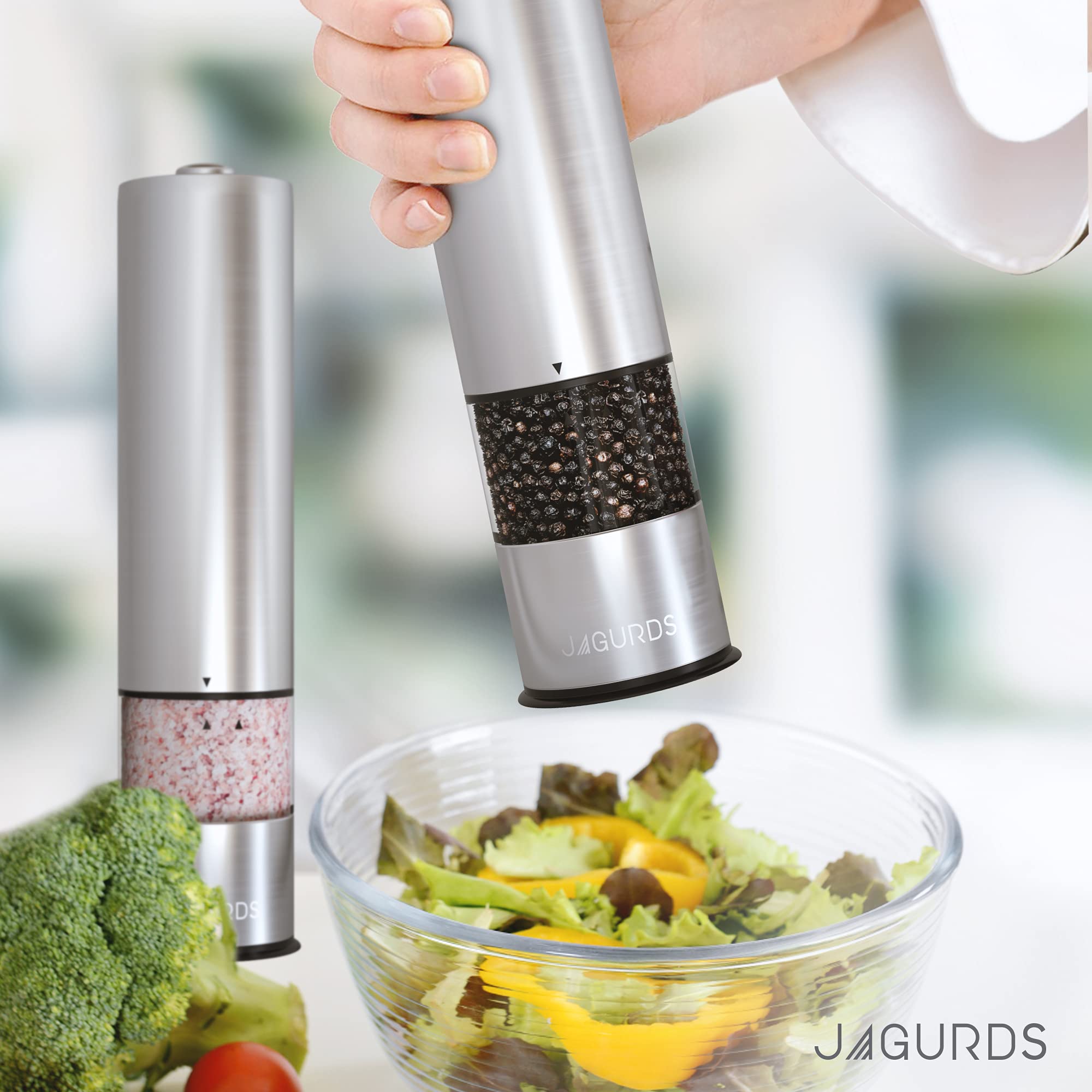 Electric Salt and Pepper Grinder Set - Automatic, Rechargeable, One-Hand Operated Stainless Steel Spice Mill with LED Light - Adjustable Coarseness for Freshly Ground Pepper & Sea Salt - Perfect for Kitchen, Dining Table & Outdoor BBQ