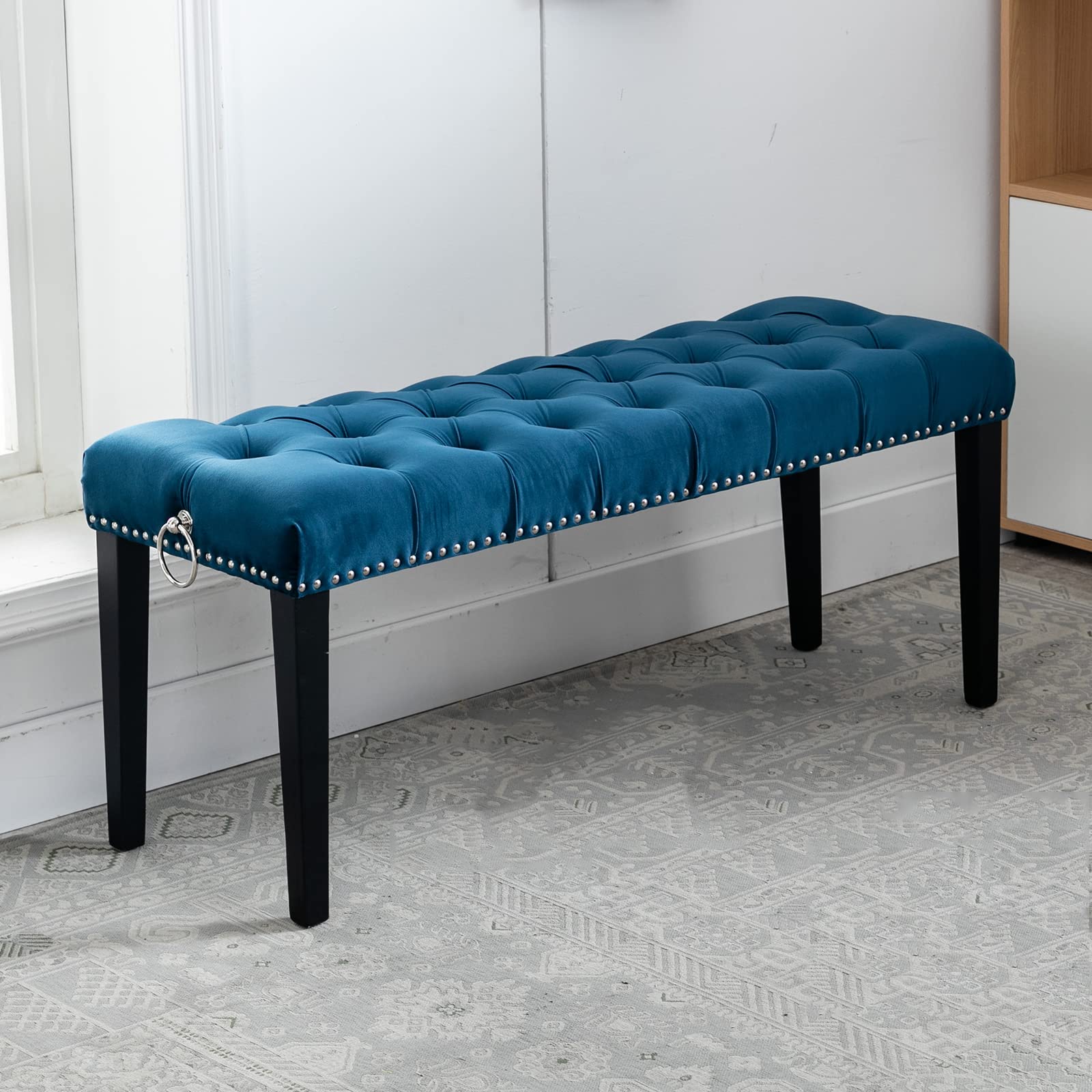 Modern Velvet Tufted Bench with Pull Rings & Nailhead Trim - Upholstered Ottoman Dining Bench for Entryway, Bedroom, Kitchen & Dining Table - Blue Velvet Footstool for Home Decor & Seating Comfort