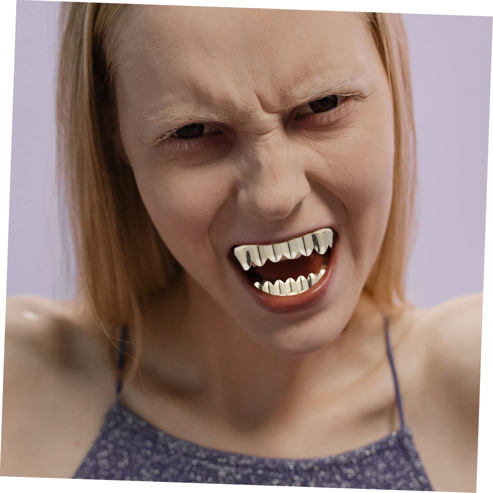 VICASKY 2-Piece Set Gold Copper Cosplay Fangs - Vampire Teeth Costume Accessories for Halloween, Party, Dance & Makeup Tools (Perfect for Cosplay, Themed Parties and Dance Performances)