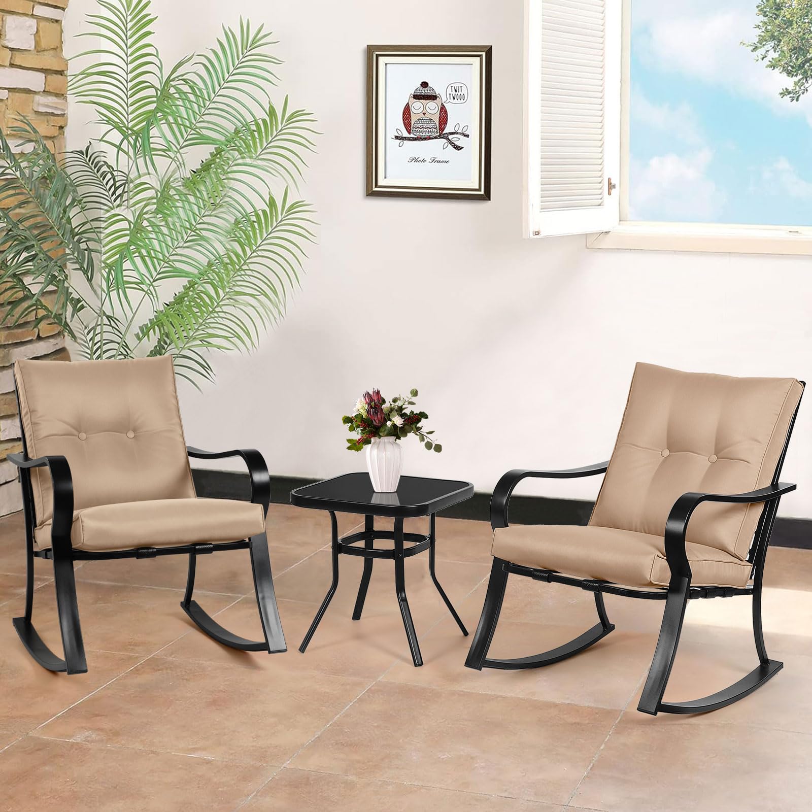 Crownland Outdoor Rocking Chairs 3-Piece Patio Set with Bistro Table - Black Iron Frame with Thickened Cushions & Glass Coffee Table - Brown - Perfect for Garden, Porch, Backyard Relaxation and Outdoor Entertaining