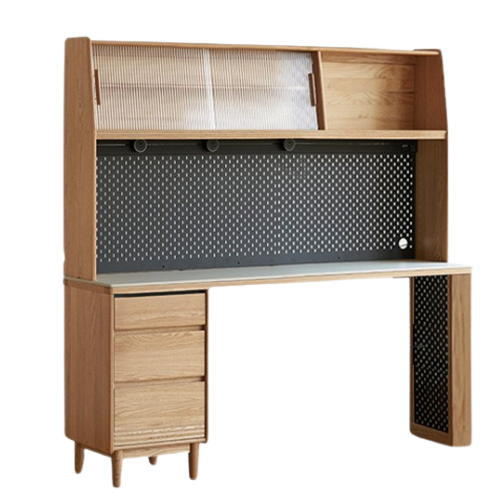 59.1x17.7x73.4 inch / 150.4x45x186.5 cm / Natural wood color / Ash white rock board sideboard + upper shelf + bull rail