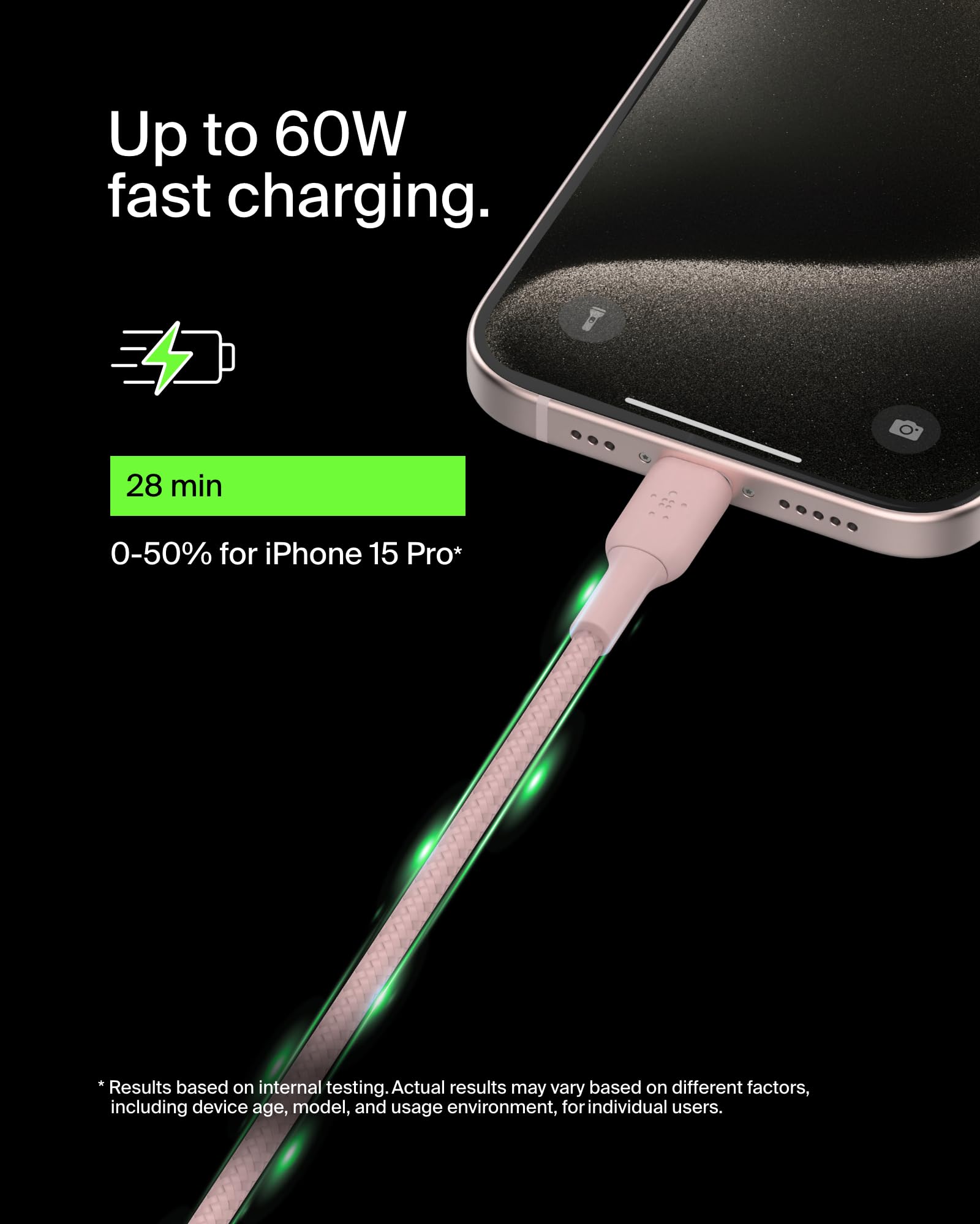 Belkin BoostCharge 2M/6.6ft Braided USB-C to USB-C Fast Charging Cable - Compatible with iPhone 16 Series, Samsung Galaxy S25/S24, Google Pixel 9/8, iPad Pro & More Devices - Durable Pink Charger Cord for Home, Office & Travel