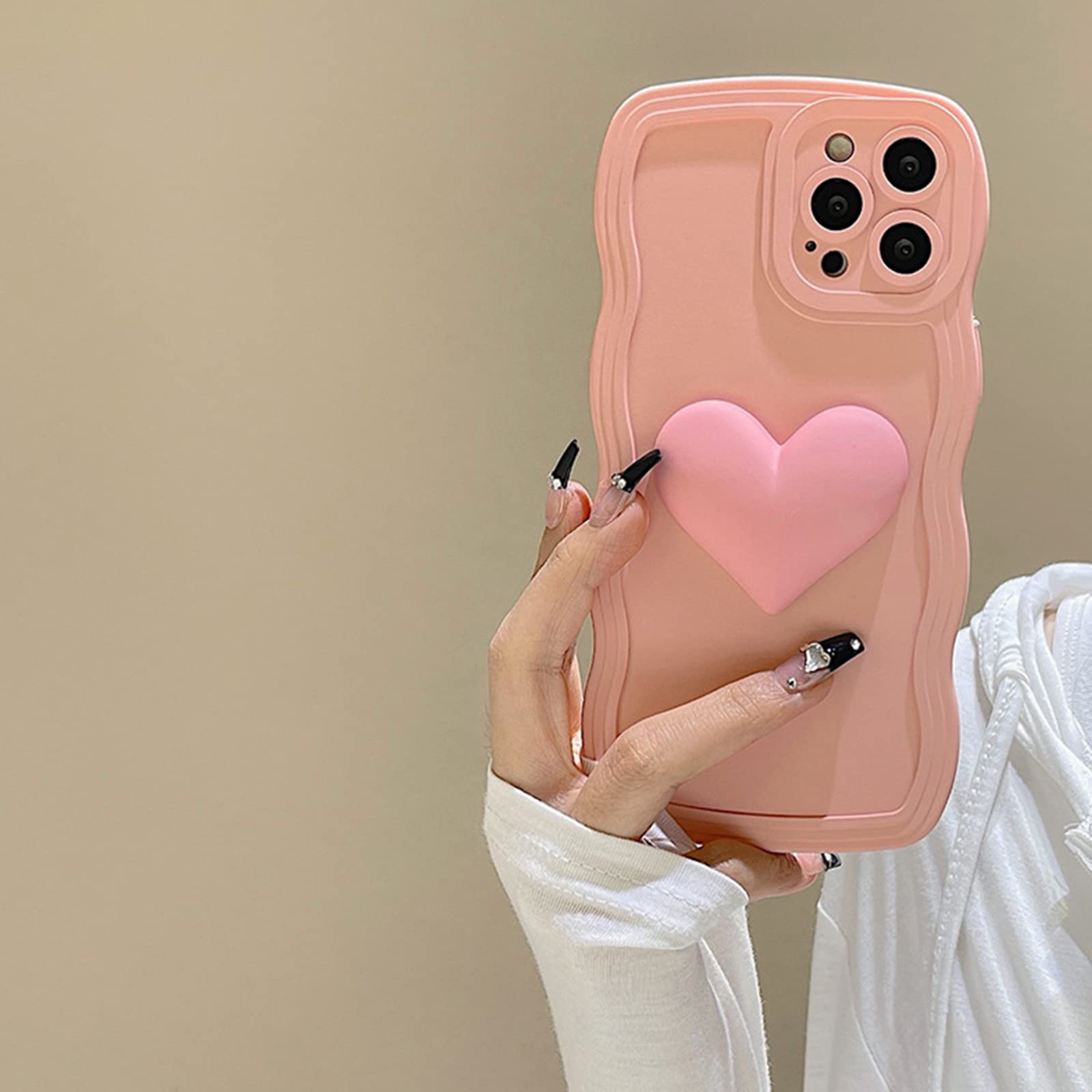 Pink Heart Phone Case for iPhone 14 Pro - Cute 3D Big Love Heart Design with Curly Wave Shape & Matching Bracelet | Perfect Gift for Women & Girls | Valentine's Day, Anniversary, Birthday Present